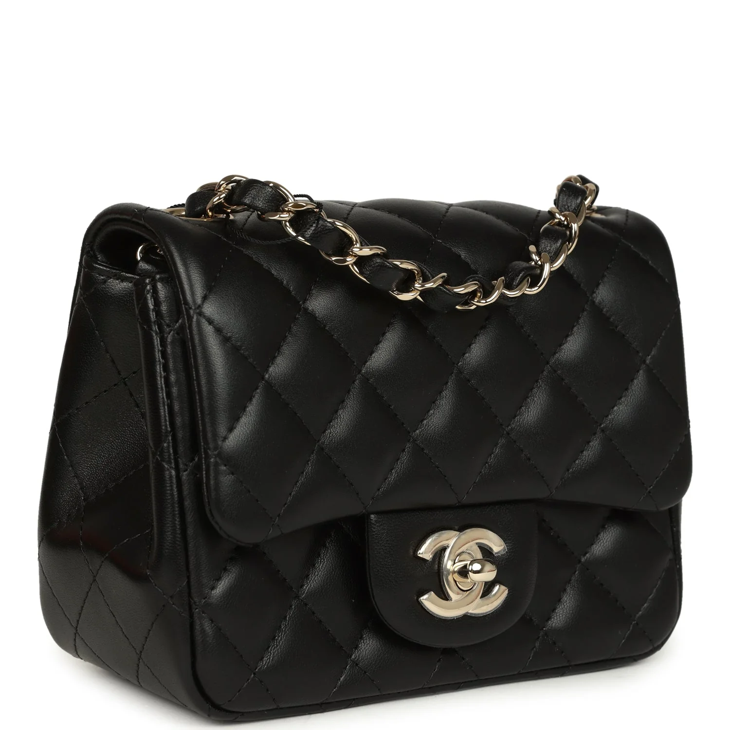 Mini Classic Square Flap Bag Black Lambskin Light Gold Hardware