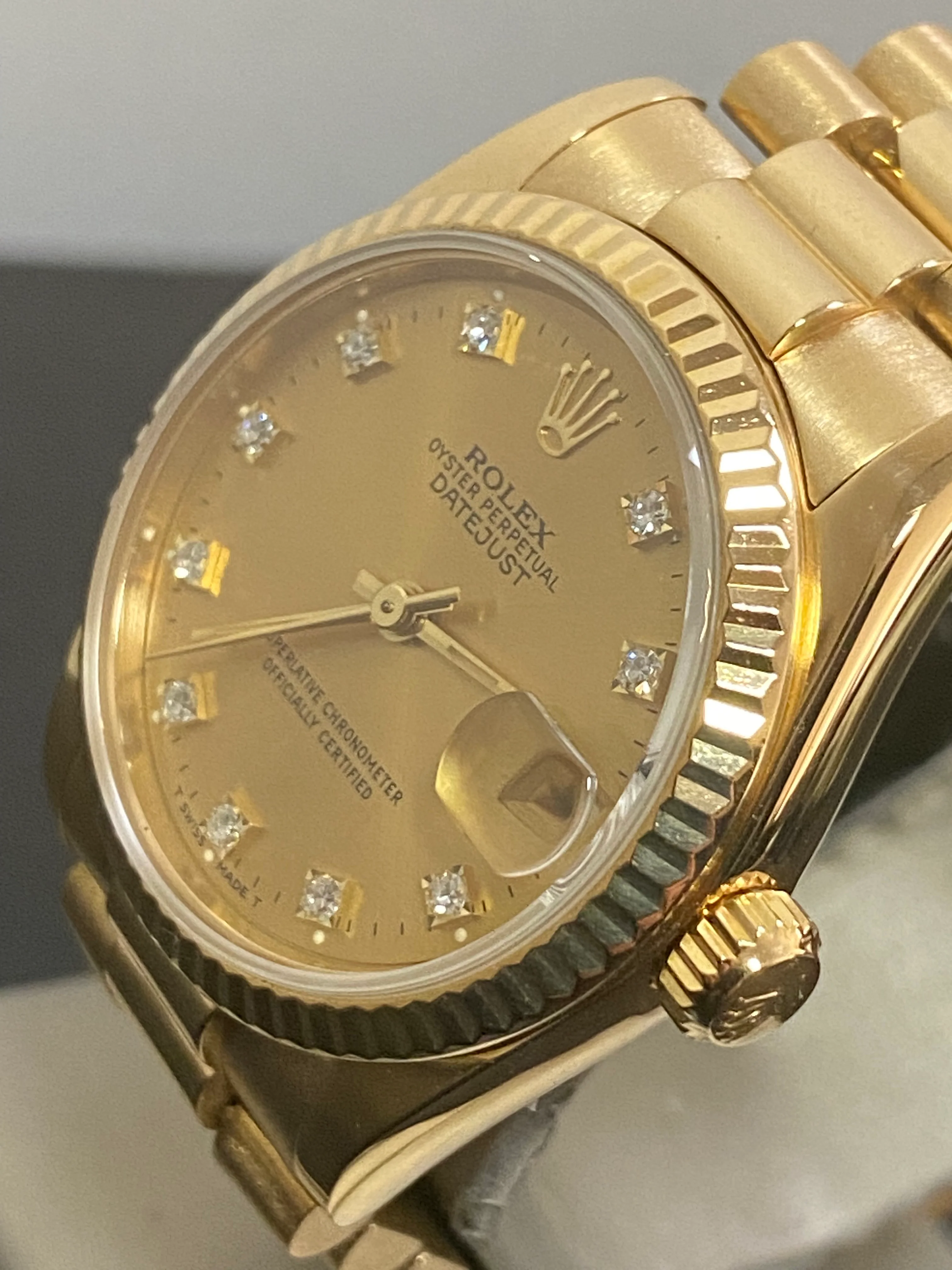 Rolex Yellow Gold Datejust 31 - N Serial - Fluted Bezel - Factory Diamond Dial - President Bracelet - 68278