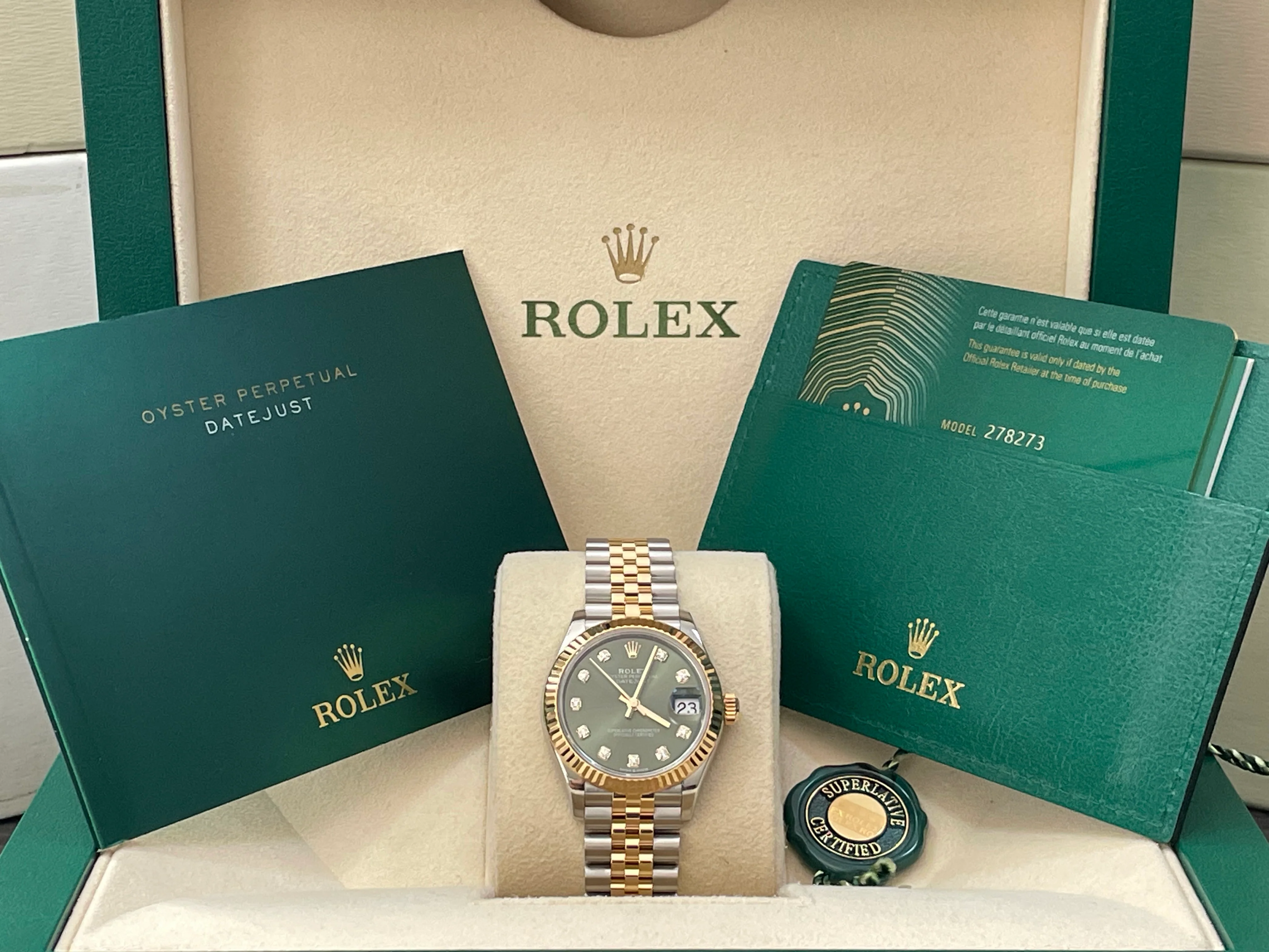 Rolex Steel and Yellow Gold Datejust 31 - 2022 - Fluted Bezel - Olive Green Diamond Dial - Jubilee Bracelet - 278273