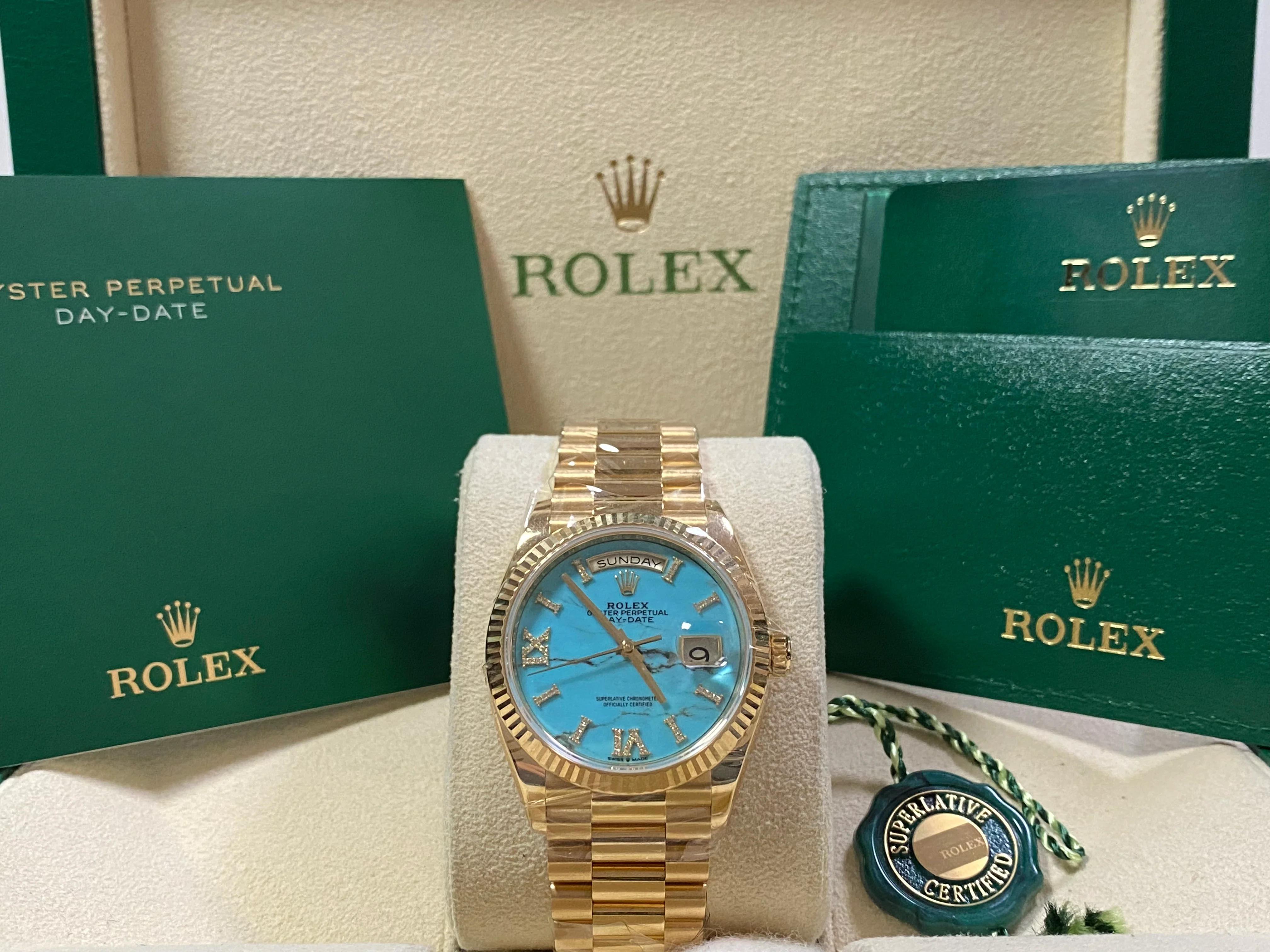 Rolex Yellow Gold Day-Date 36 - 2023 - Turquoise Diamond-Set Dial - Fluted Bezel - President Bracelet - 128238