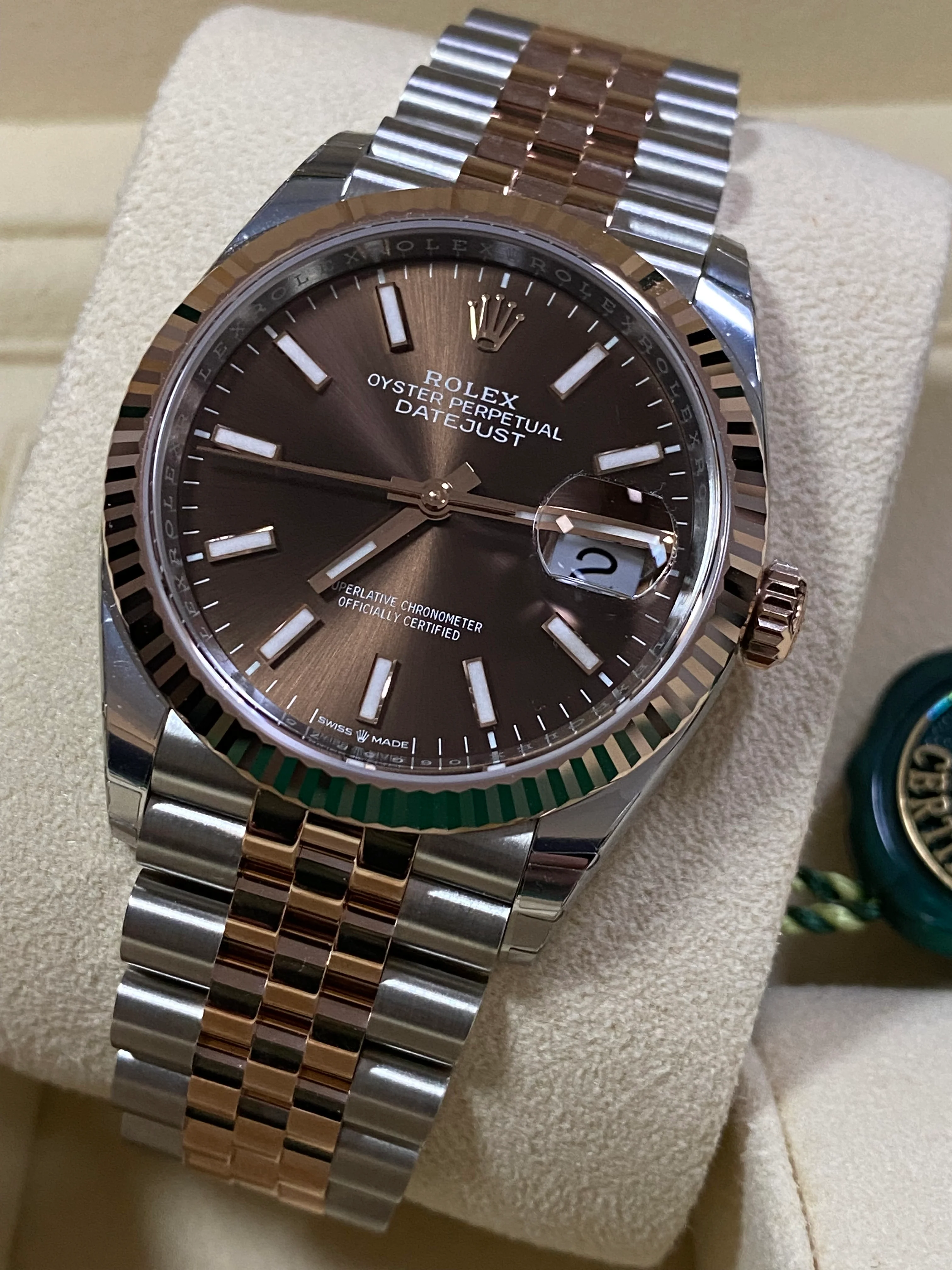 Rolex Steel and Everose Gold Datejust 36 - 2023 - Fluted Bezel - Chocolate Index Dial - Jubilee Bracelet - 126231