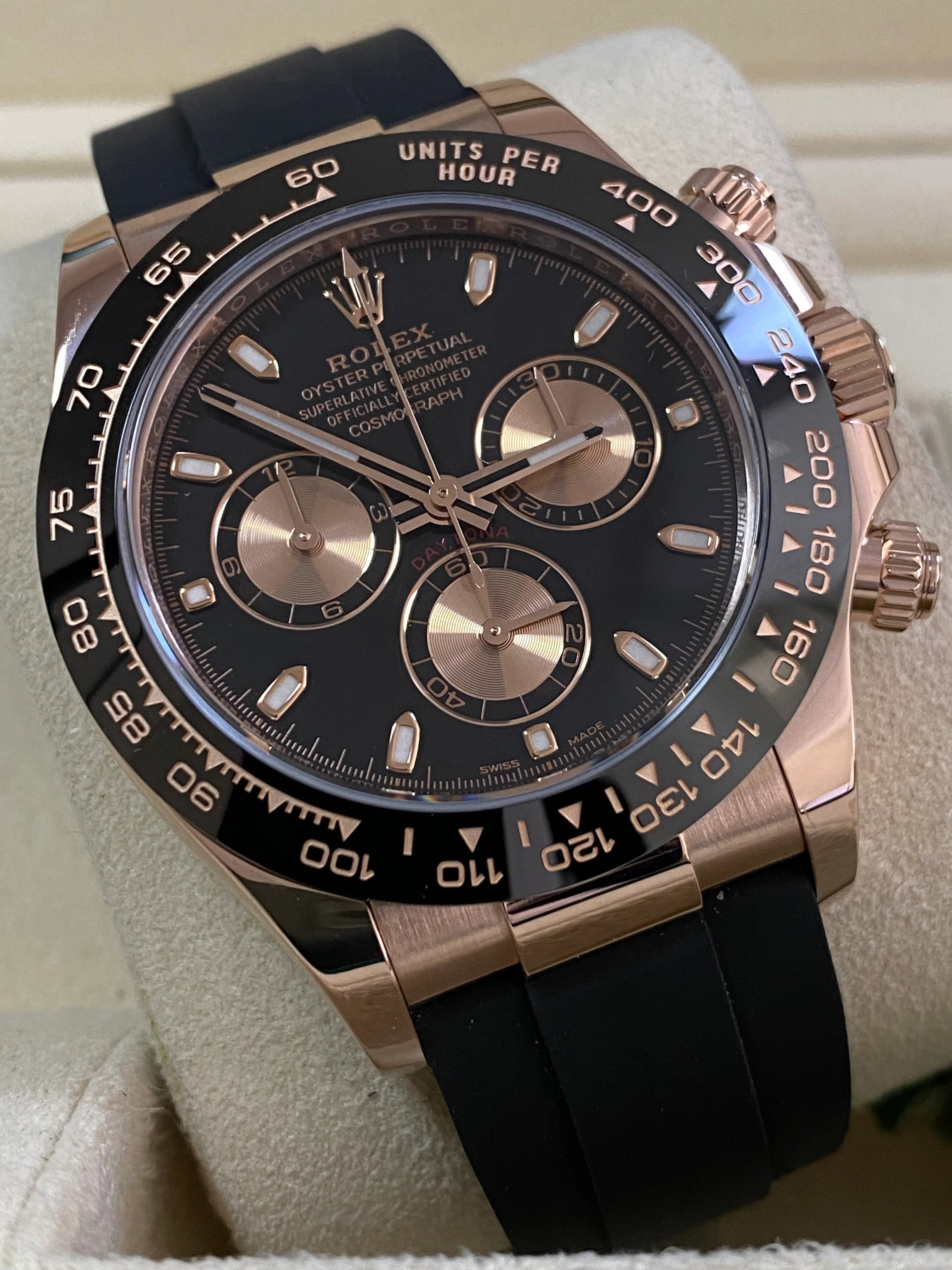 Rolex Everose Gold Cosmograph Daytona - 2022 - Black Index Dial - Black Oysterflex Strap - 116515LN
