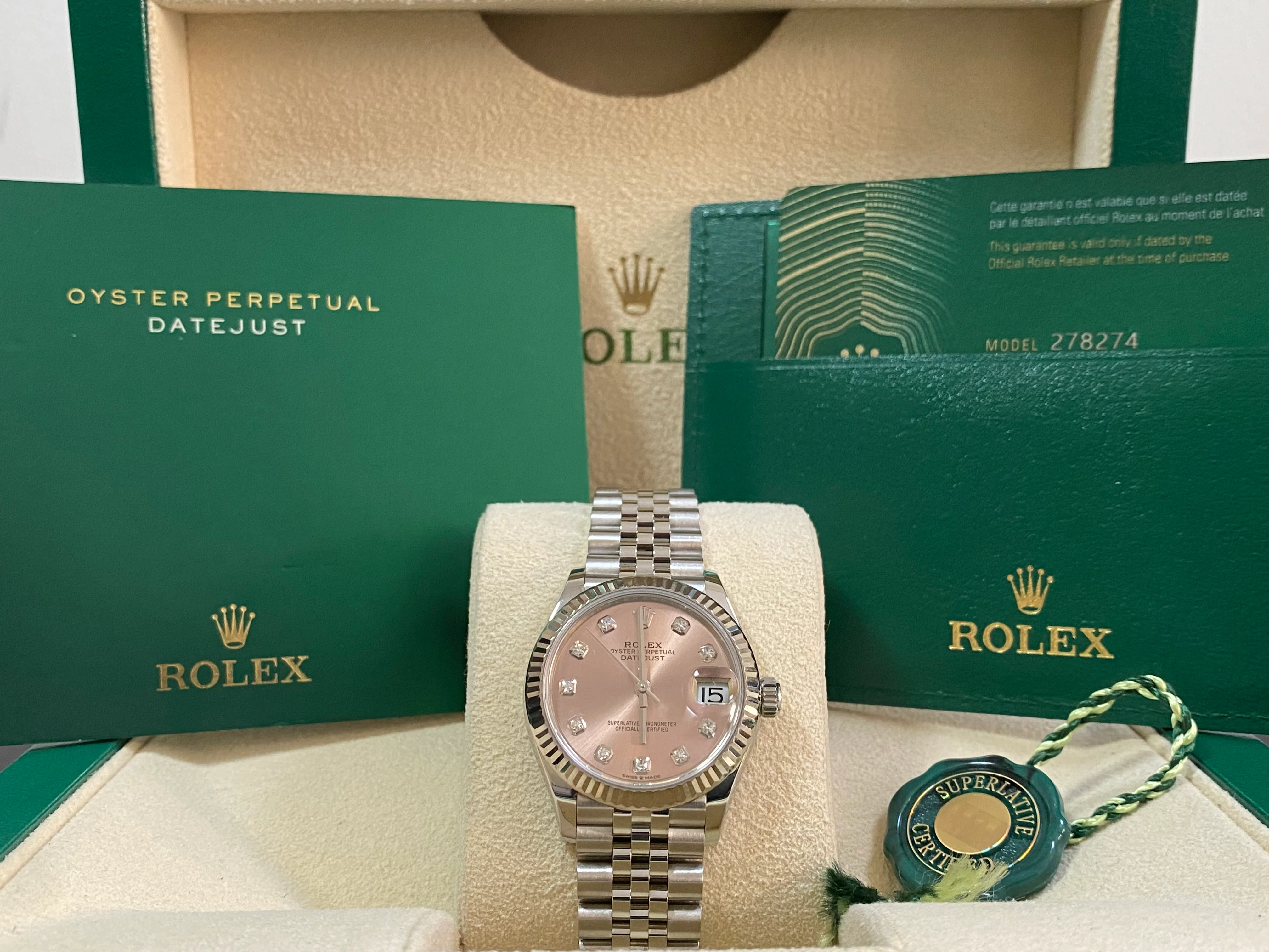 Rolex Steel and White Gold Datejust 31 - 2020 - Fluted Bezel - Pink Diamond Dial - Jubilee Bracelet - 278274