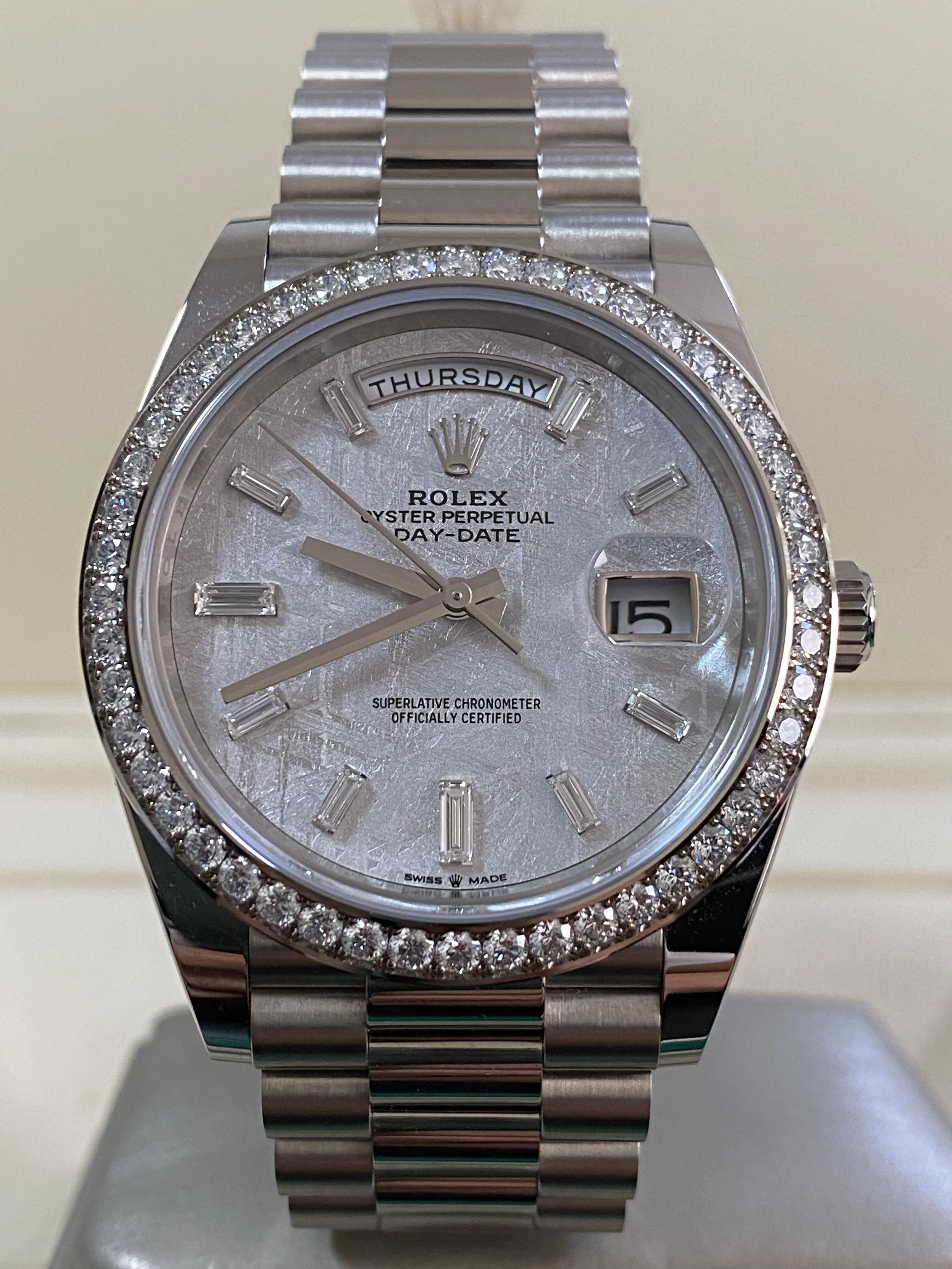 Rolex White Gold Day-Date 40 - 2022 - Diamond-Set Bezel - Meteorite Baguette Dial - President Bracelet - 228349RBR