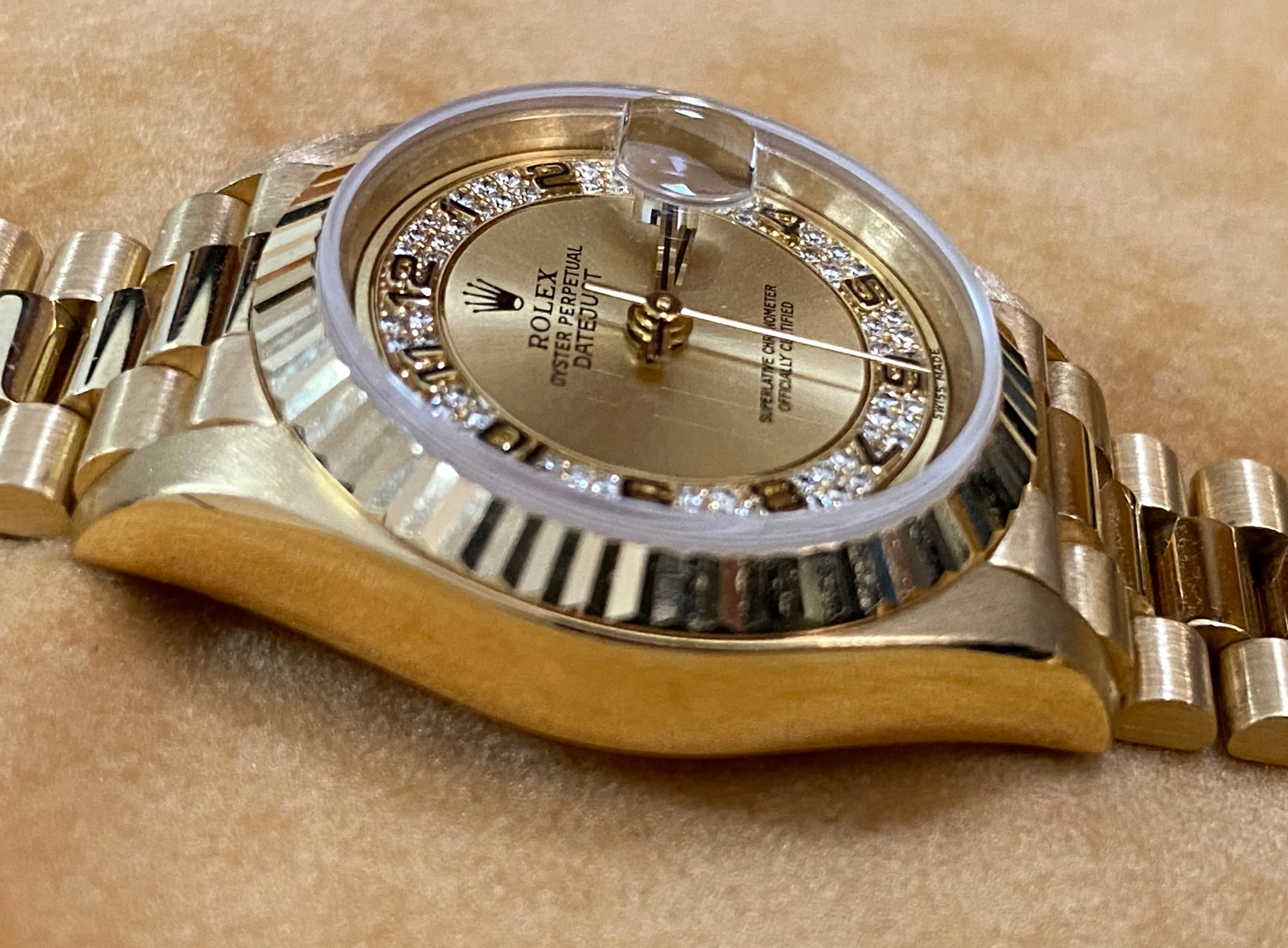 Rolex Yellow Gold Lady-Datejust 26 - W serial - Fluted Bezel - Myriad Diamond Dial - President Bracelet - 69178