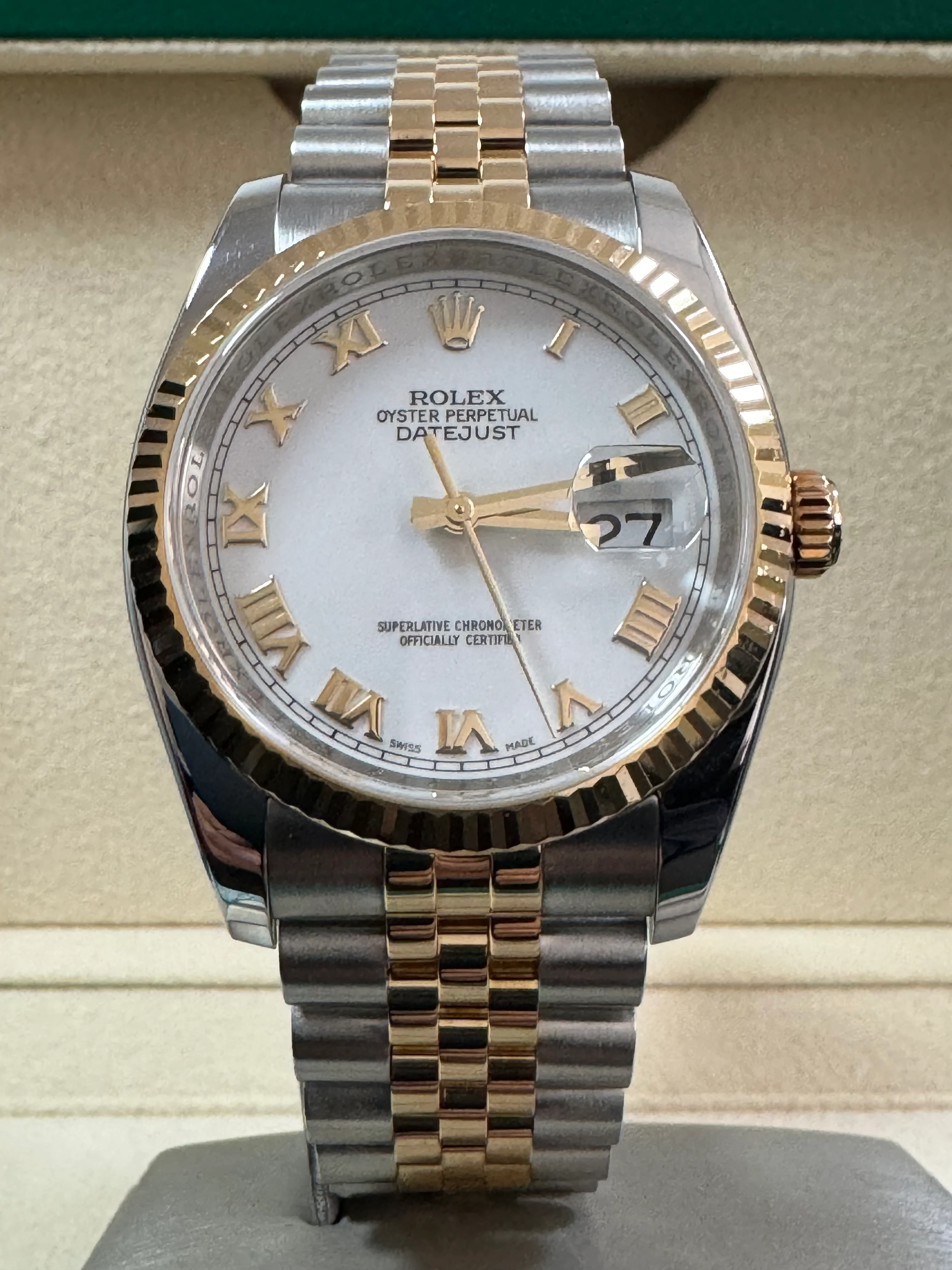 Rolex Steel and Yellow Gold Datejust 36 - D serial - Fluted Bezel - White Roman Dial - Jubilee Bracelet - 116233 COMPLETE SET
