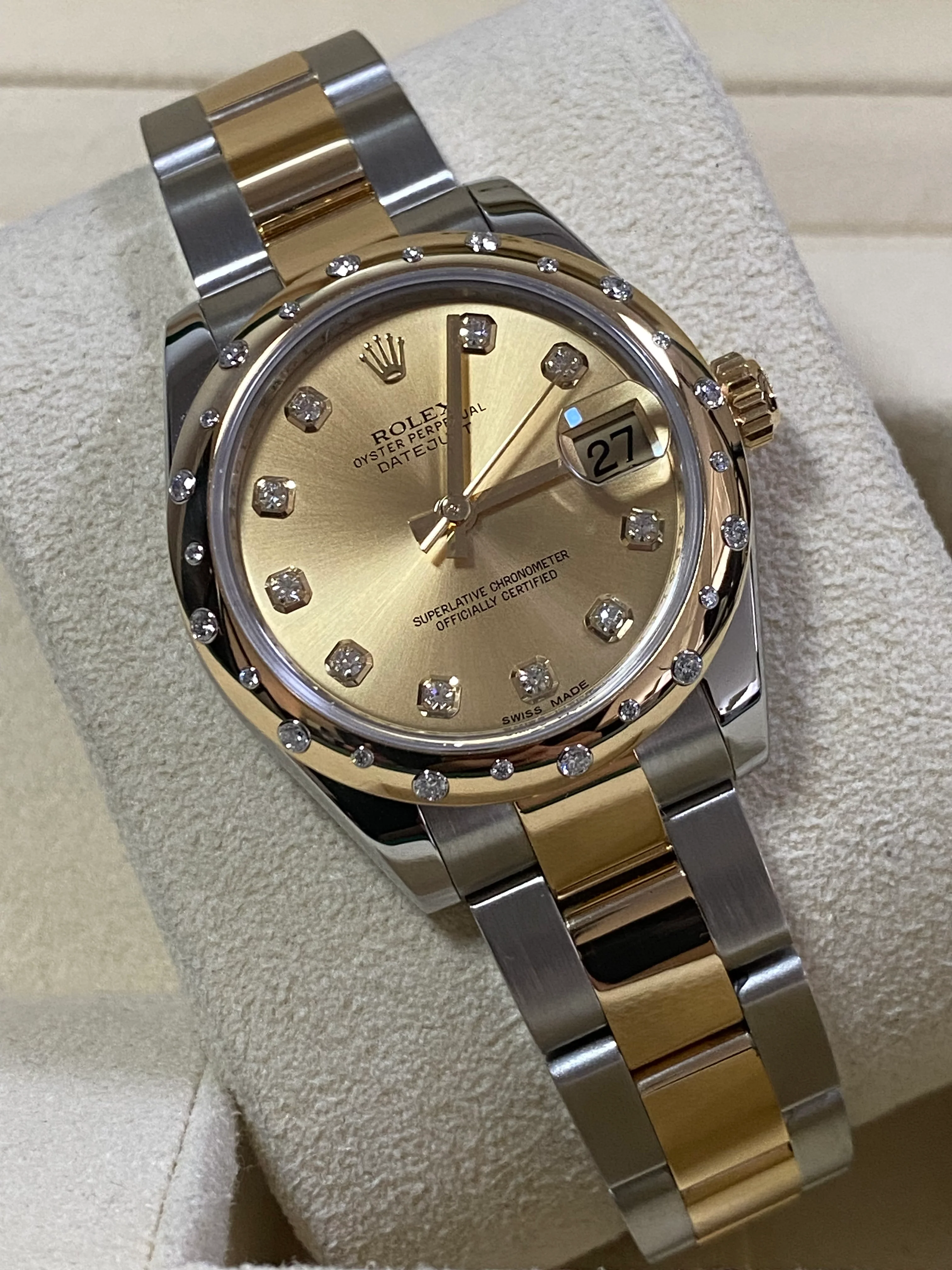 Rolex Steel and Yellow Gold Datejust 31 - 2015 - 24 Diamond Bezel - Champagne Diamond Dial - Oyster Bracelet - 178343