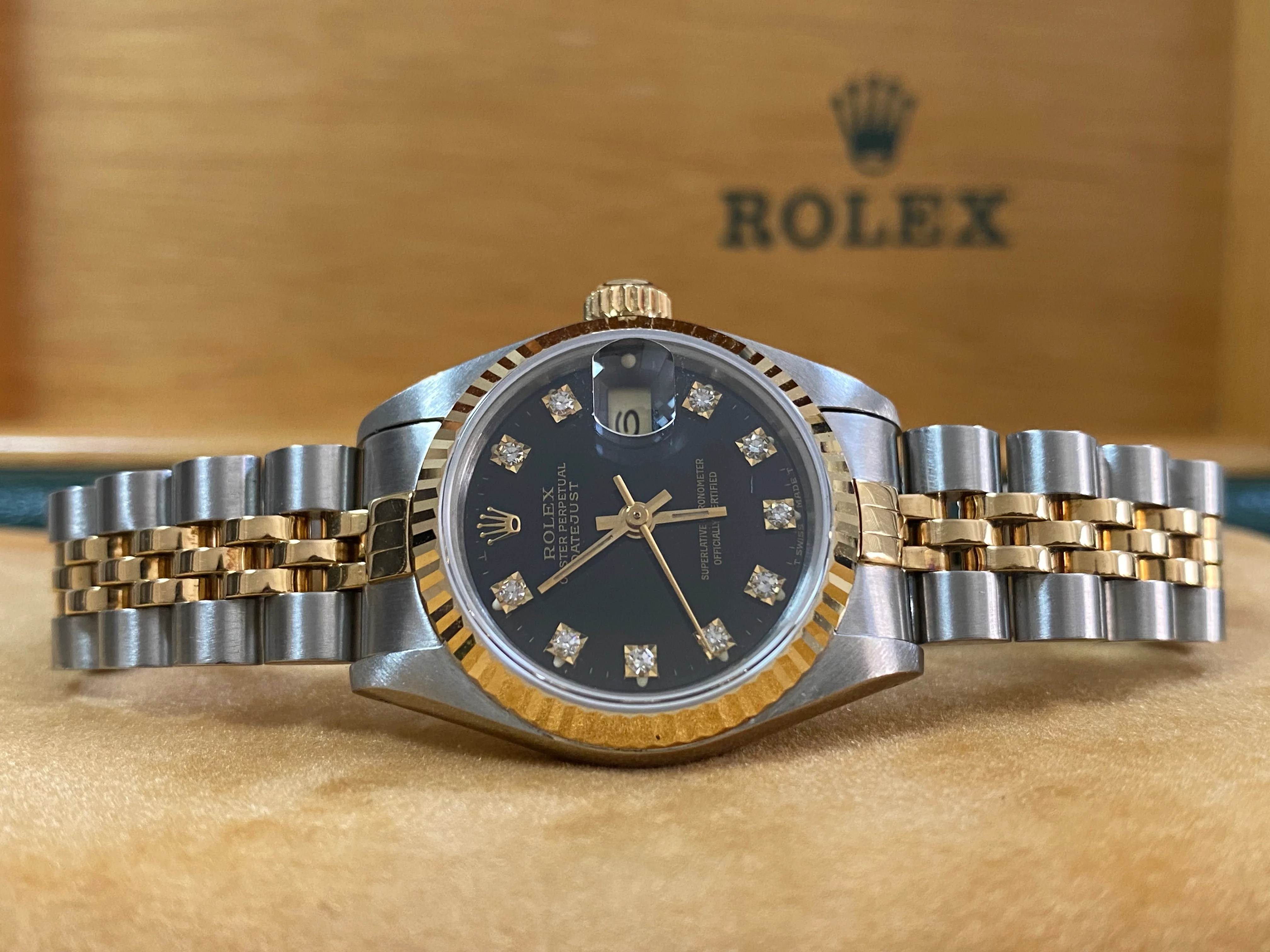 Rolex Steel and Yellow Gold Lady-Datejust - Fluted Bezel - Black Diamond Dial - Jubilee Bracelet - 69173