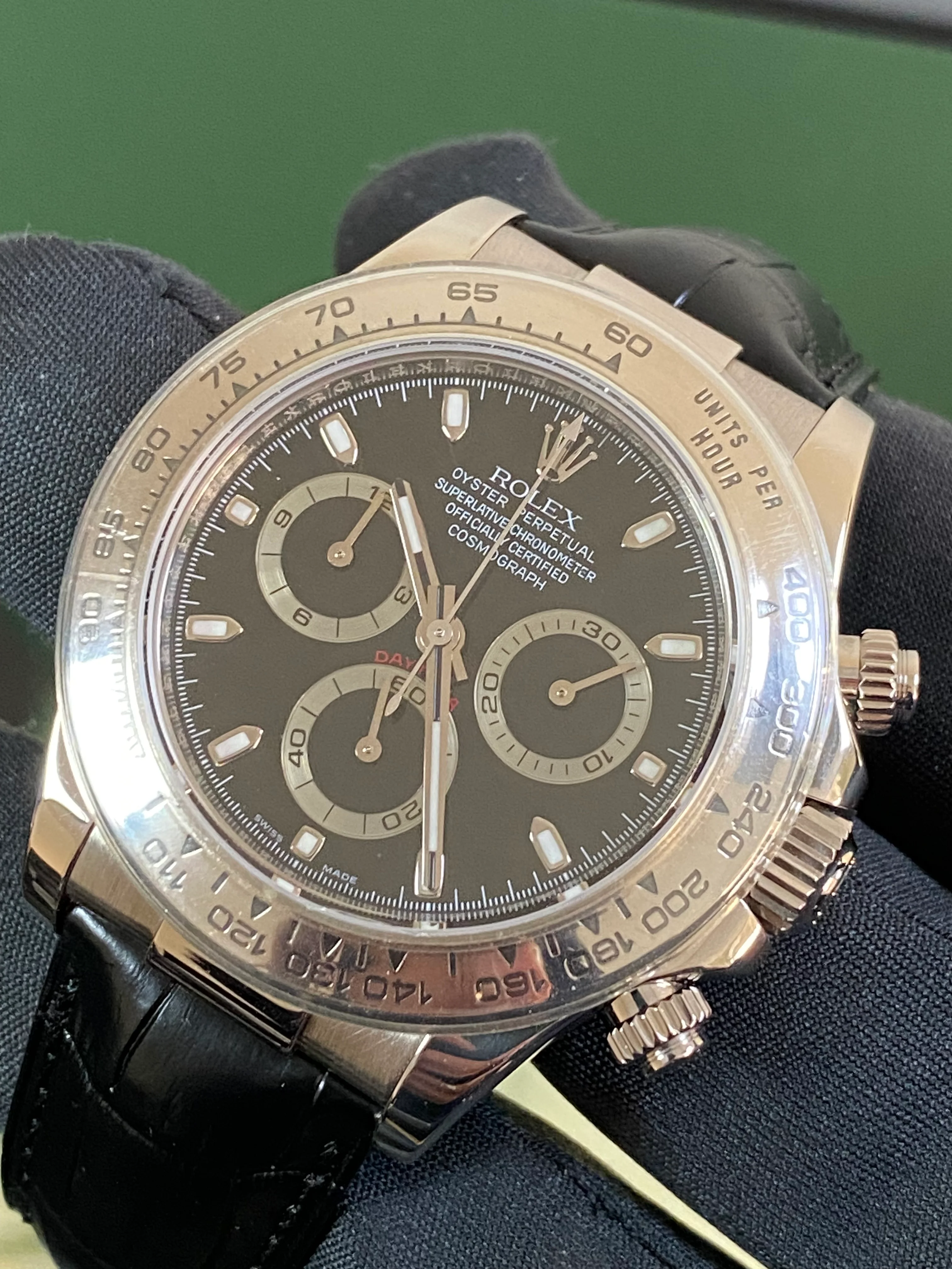 Rolex White Gold Cosmograph Daytona - 2007 - Black Dial - New Black Leather Strap - 116519 FULL SET