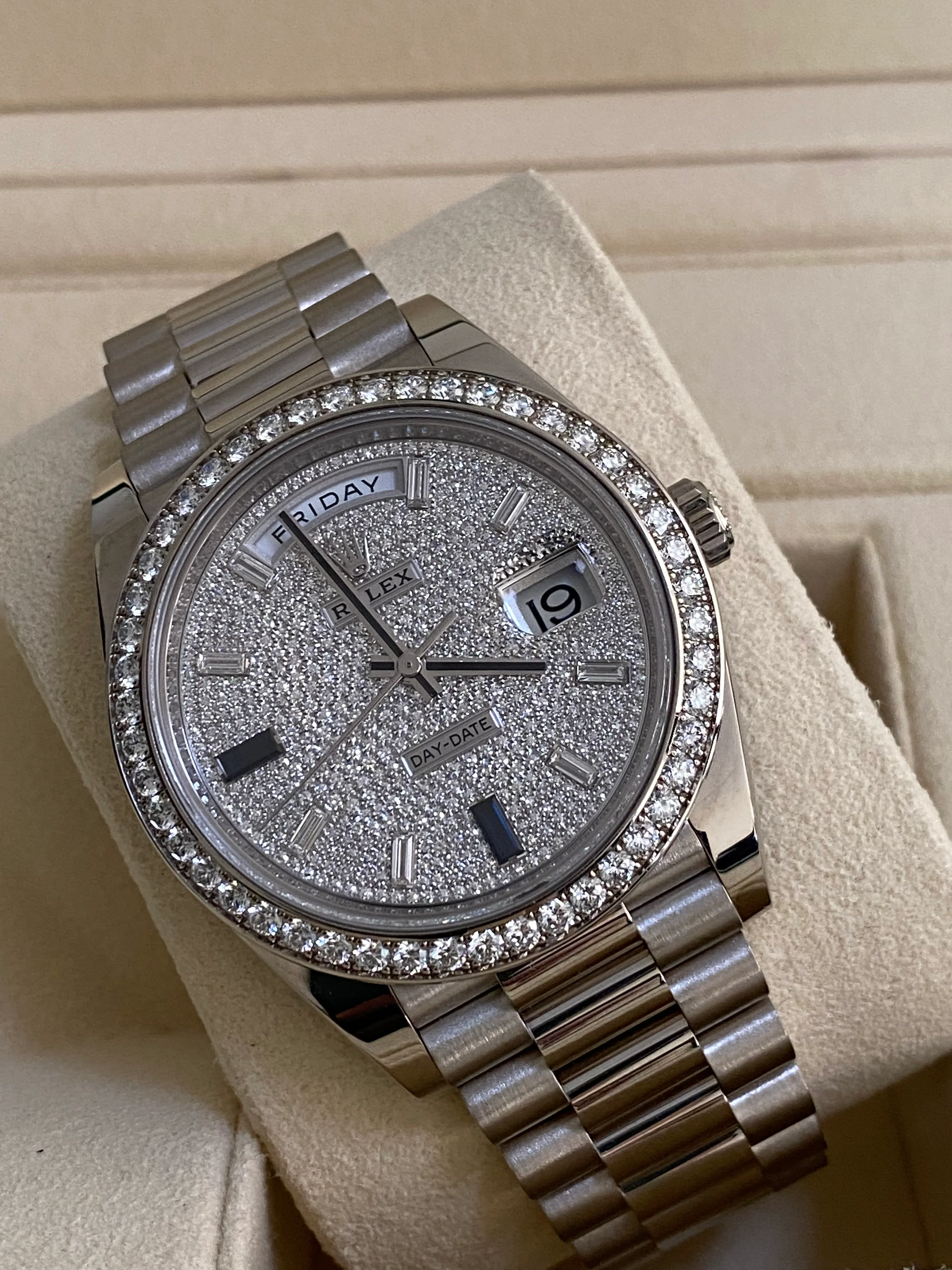 Rolex White Gold Day-Date 40 - 2023 - Diamond Bezel - Paved Diamond Baguette Dial - President Bracelet - 228349RBR *COMPLETE SET*