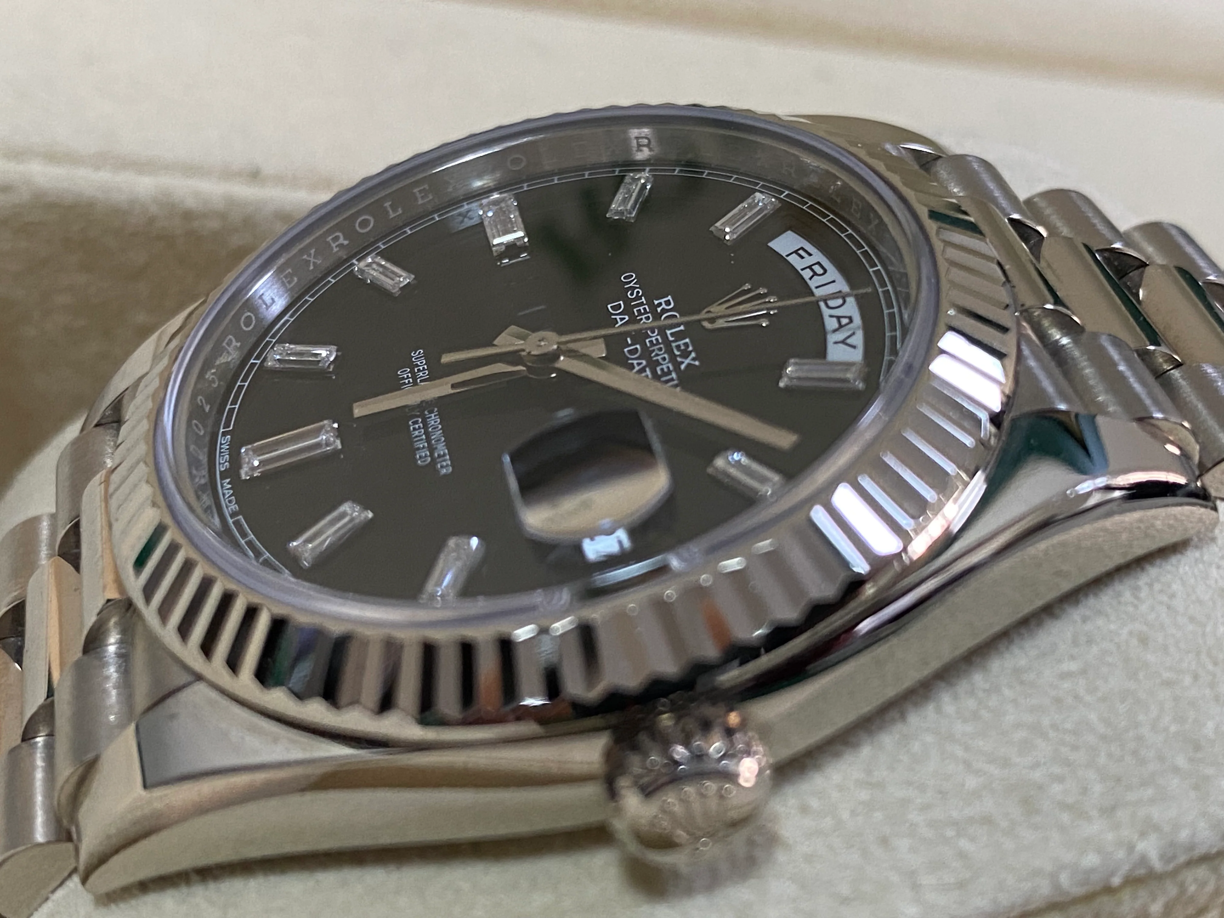Rolex White Gold Day-Date 40 - 2021 - Fluted Bezel - Black Baguette Diamond Dial - President Bracelet - 228239
