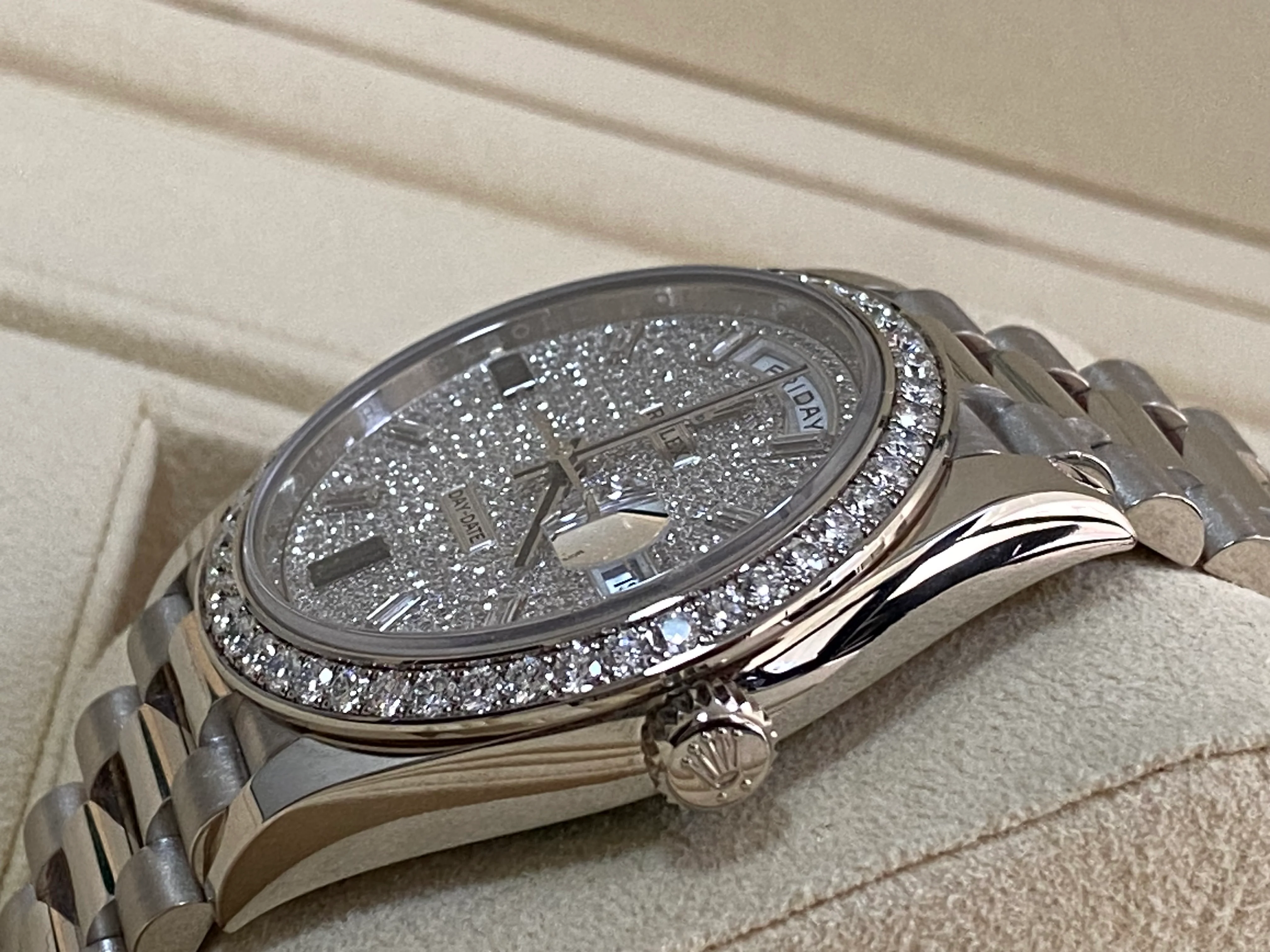 Rolex White Gold Day-Date 40 - 2023 - Diamond Bezel - Paved Diamond Baguette Dial - President Bracelet - 228349RBR *COMPLETE SET*