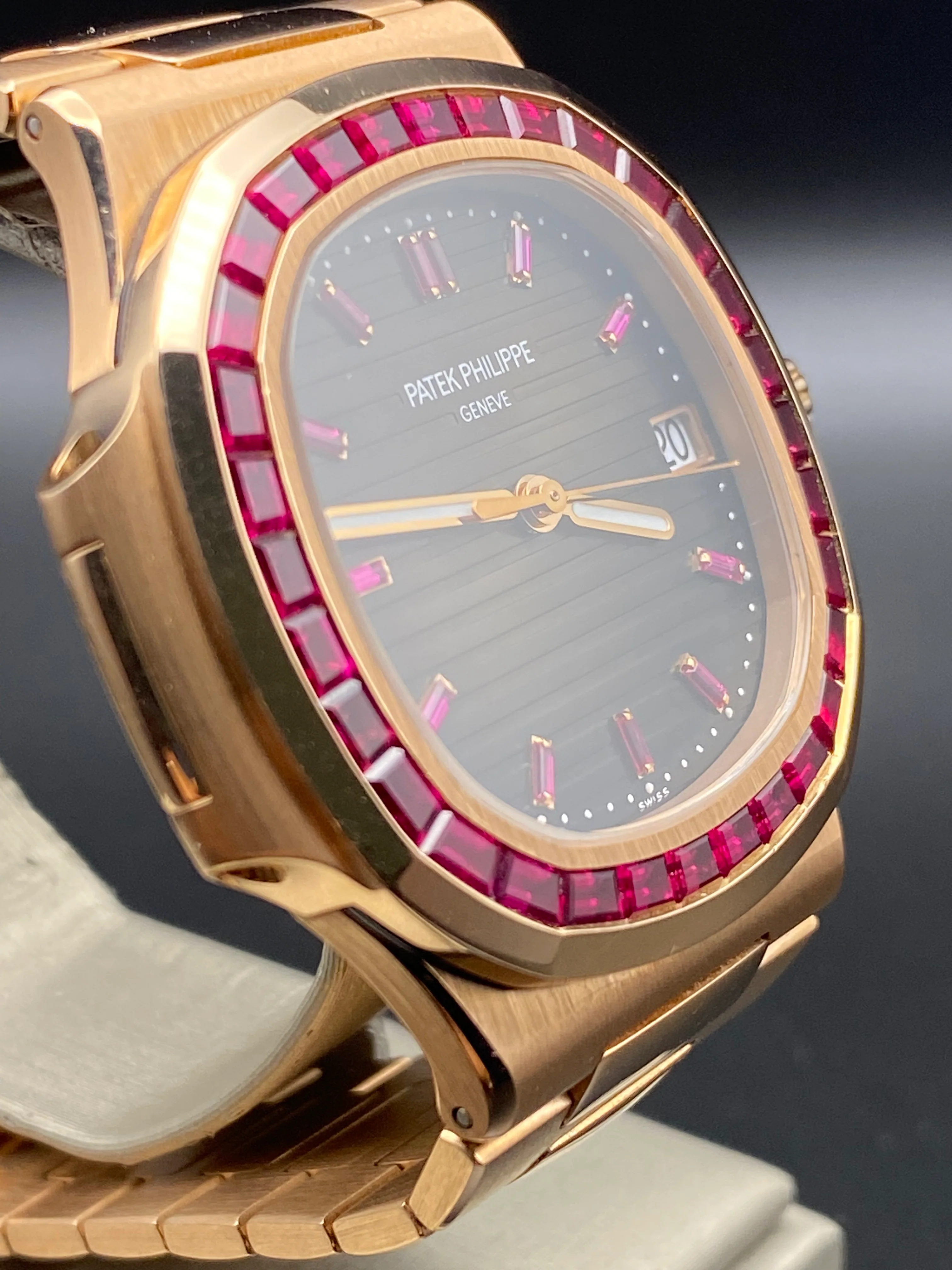 Patek Philippe Rose Gold Nautilus - 2015 - Ruby Baguette Bezel - Brown Baguette Dial - 5723/112R-001