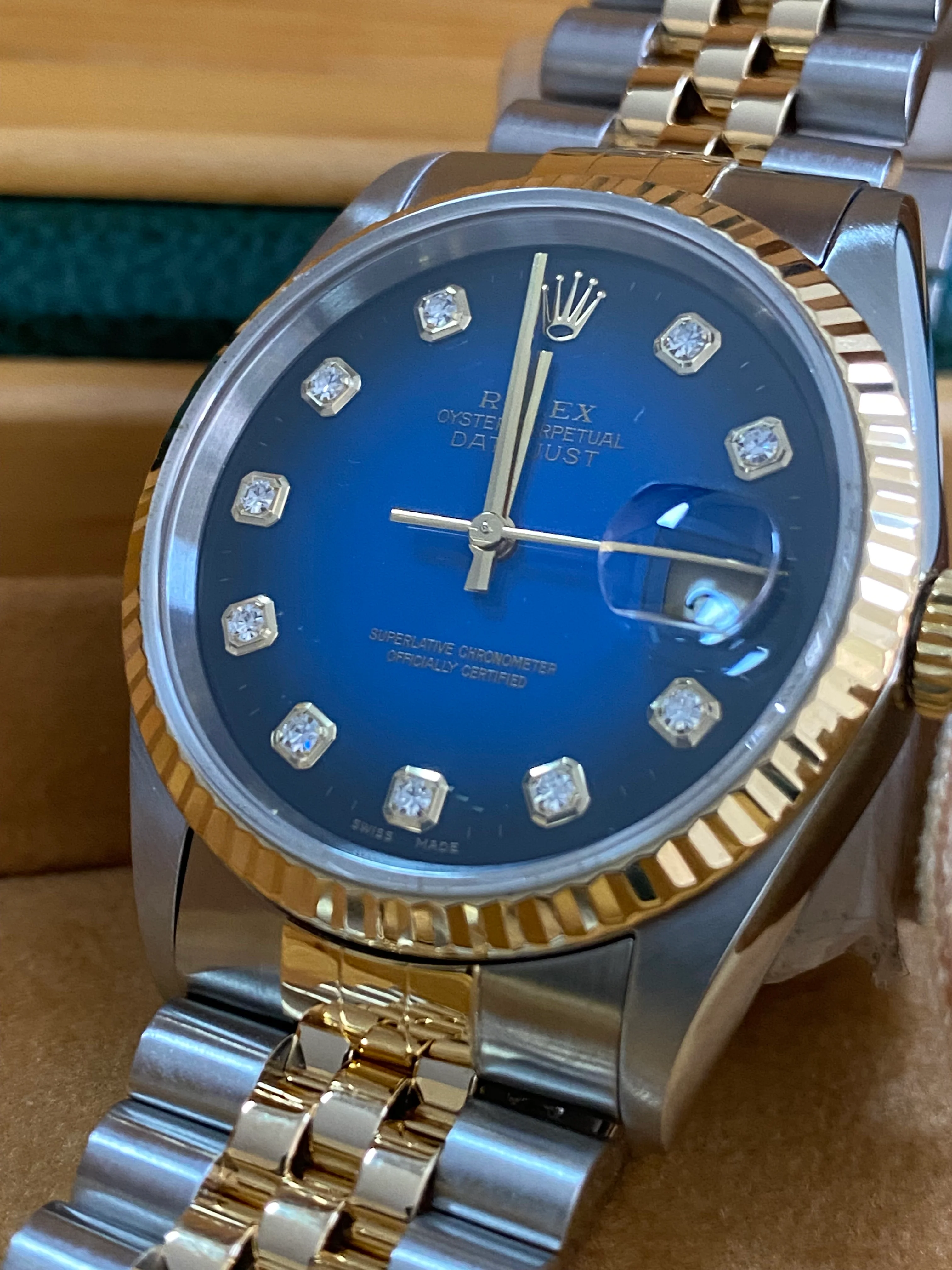 Rolex Steel and Yellow Gold Datejust 36 - T serial - Fluted Bezel - Blue Vignette Diamond Dial - Jubilee Bracelet - 16233 *COMPLETE SET*