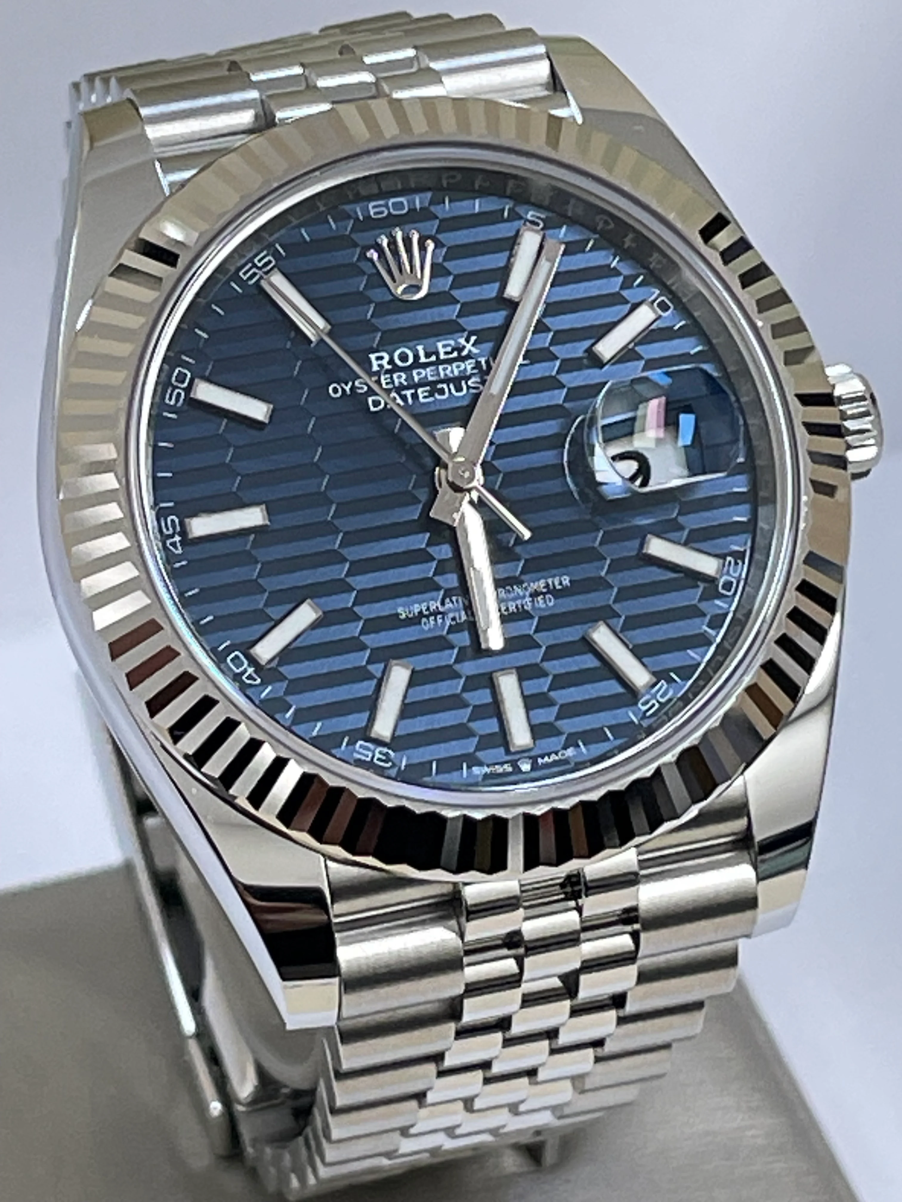 Rolex Steel and White Gold Datejust 41 - 2023 - Fluted Bezel - Bright Blue Motif Dial - Jubilee Bracelet - 126334