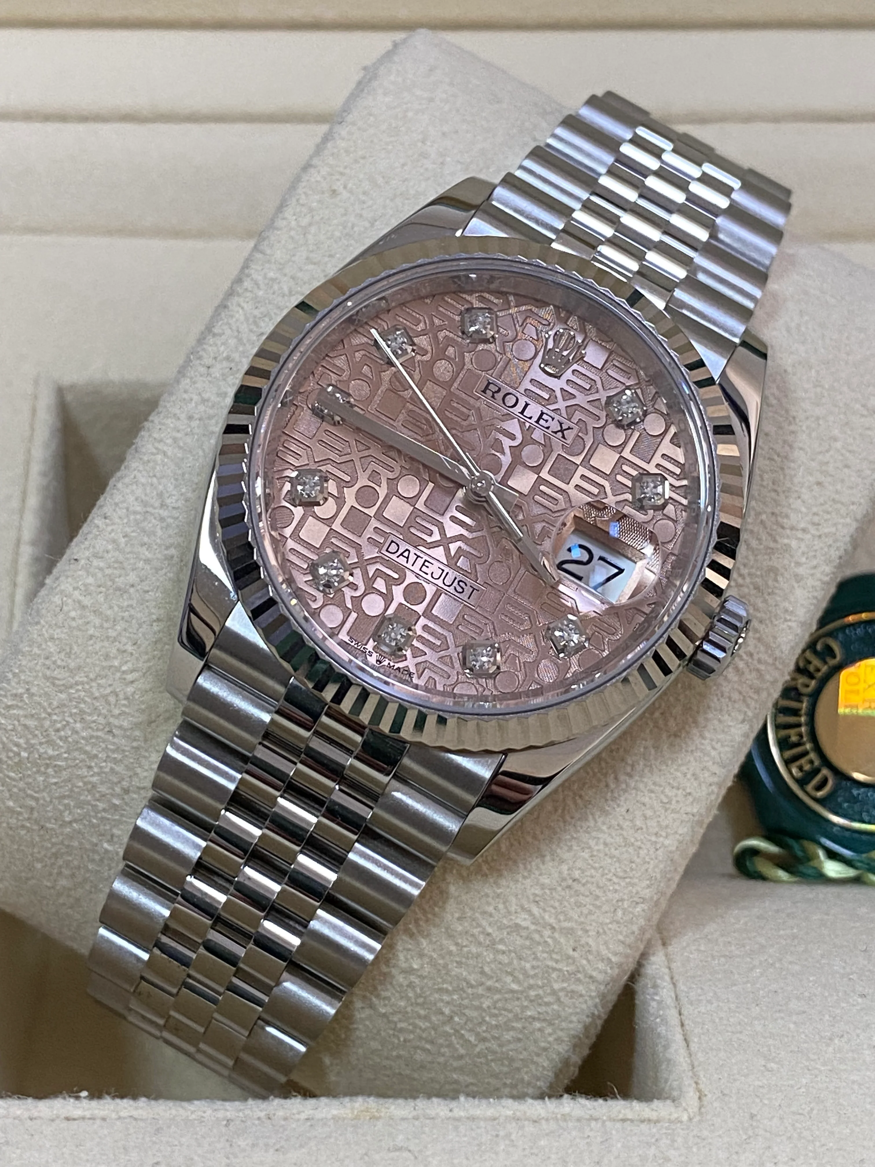 Rolex Steel Datejust 36 - 2023 - Fluted Bezel - Pink Anniversary Diamond Dial - Jubilee Bracelet - 126234