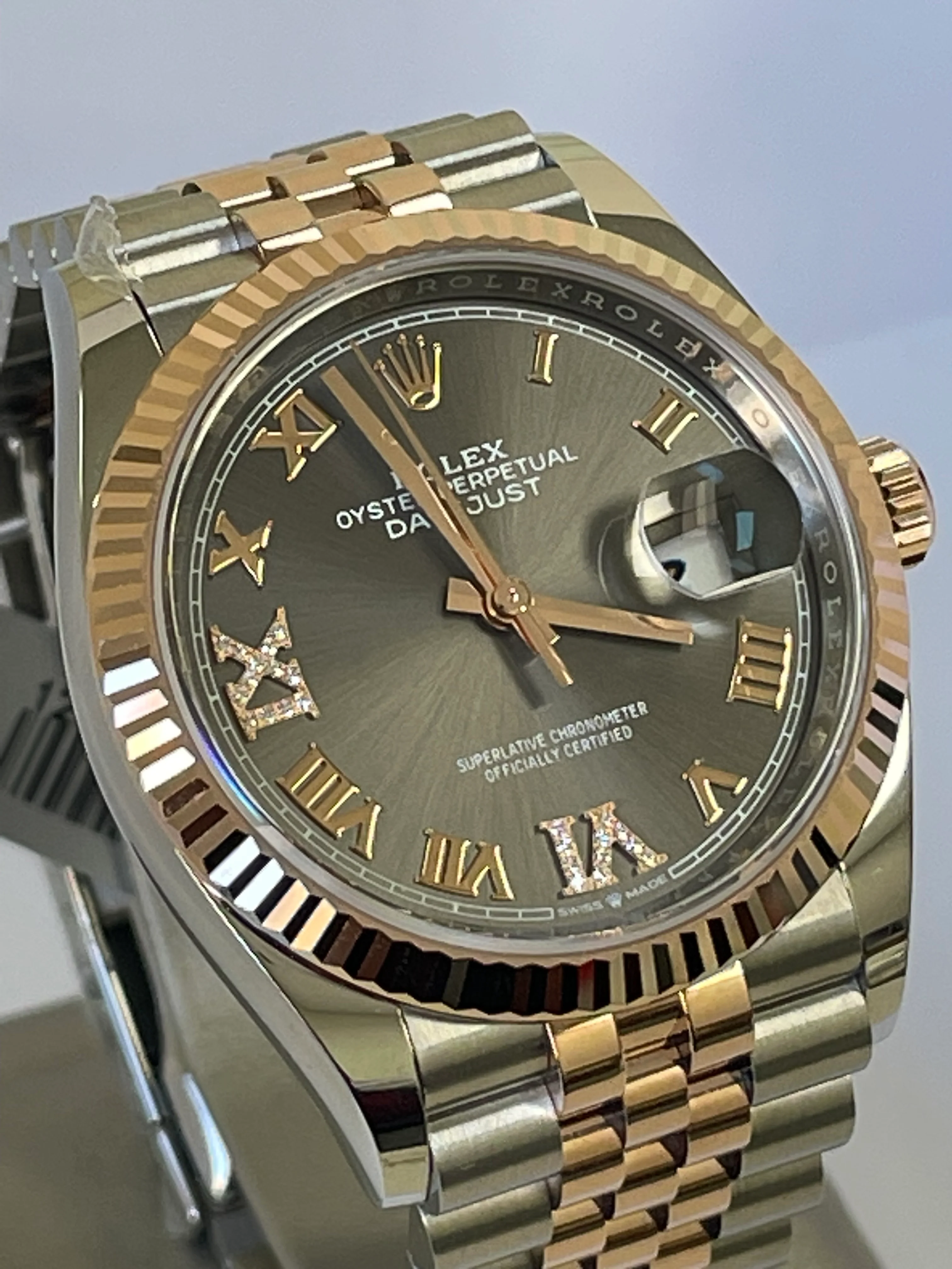 Rolex Steel and Everose Gold Datejust 36 - 2022 - Fluted Bezel - Slate Diamond Set Dial - Jubilee Bracelet - 126231