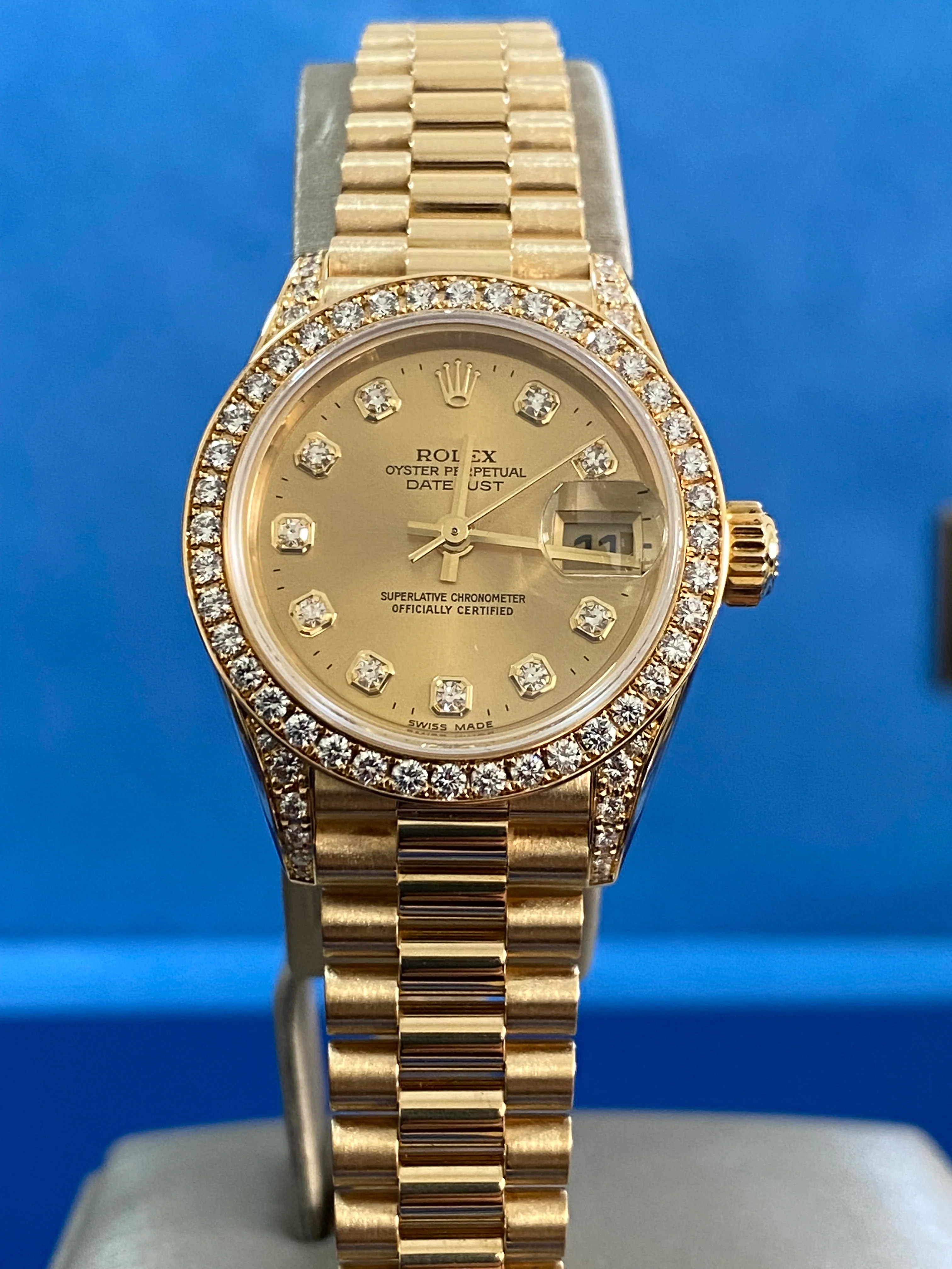 Rolex Yellow Gold Lady-Datejust - P serial -Factory Diamond Dial, Bezel and Lugs- President Bracelet - 79158 