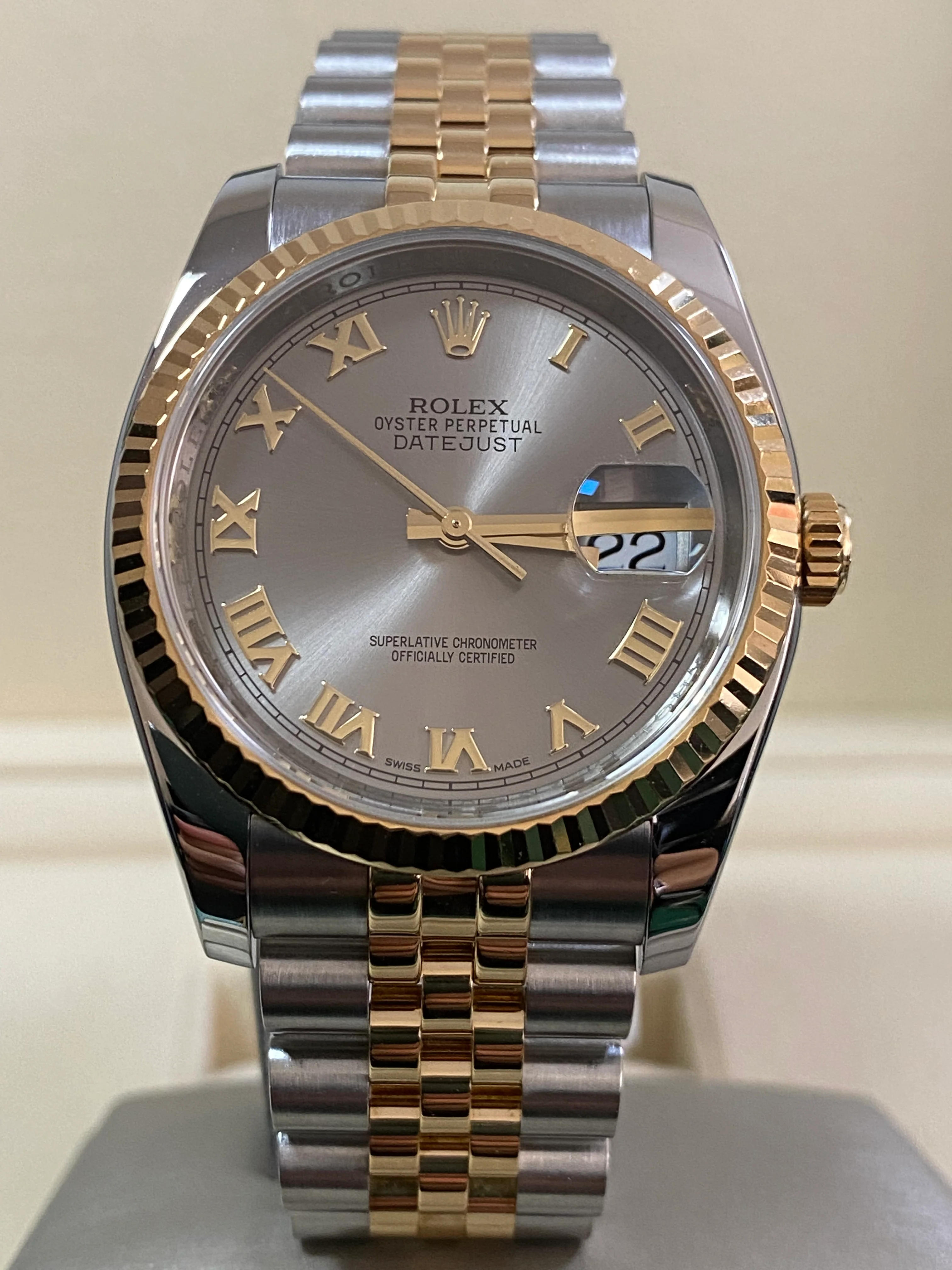 Rolex Steel and Yellow Gold Datejust 36 - 2014 - Fluted Bezel - Slate Grey Roman Dial - Jubilee Bracelet - 116233 *FULL SET*
