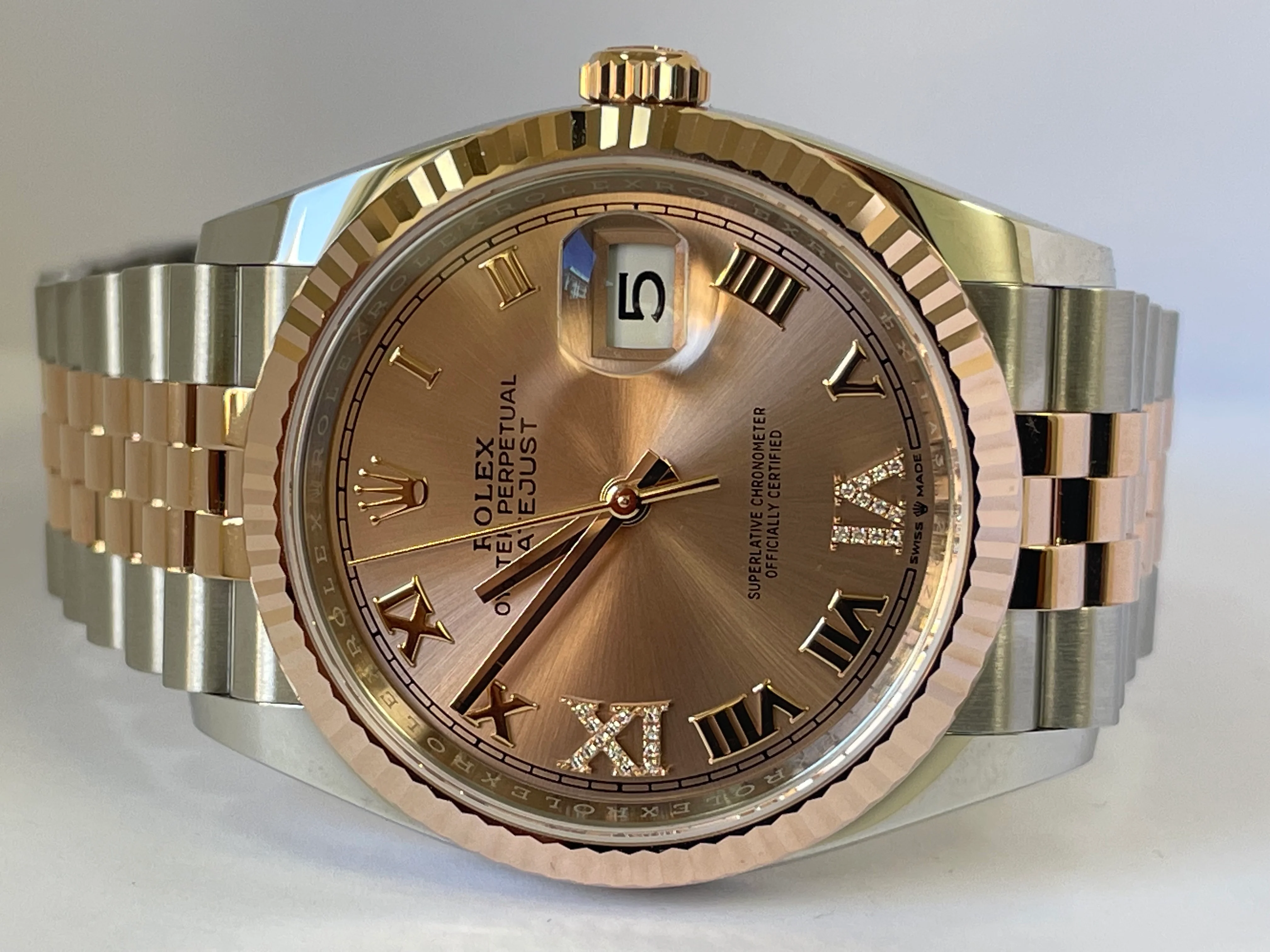 Rolex Steel and Everose Gold Datejust 36 - 2022 - Fluted Bezel - Rose Colour Diamond Set Dial - Jubilee Bracelet - 126231