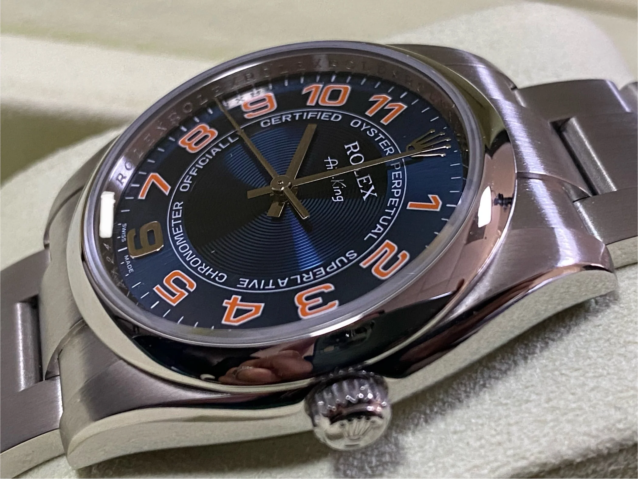 Rolex Air-King  - Domed Bezel - M Serial - Blue Dial - Orange Arabic Numerals - 114200