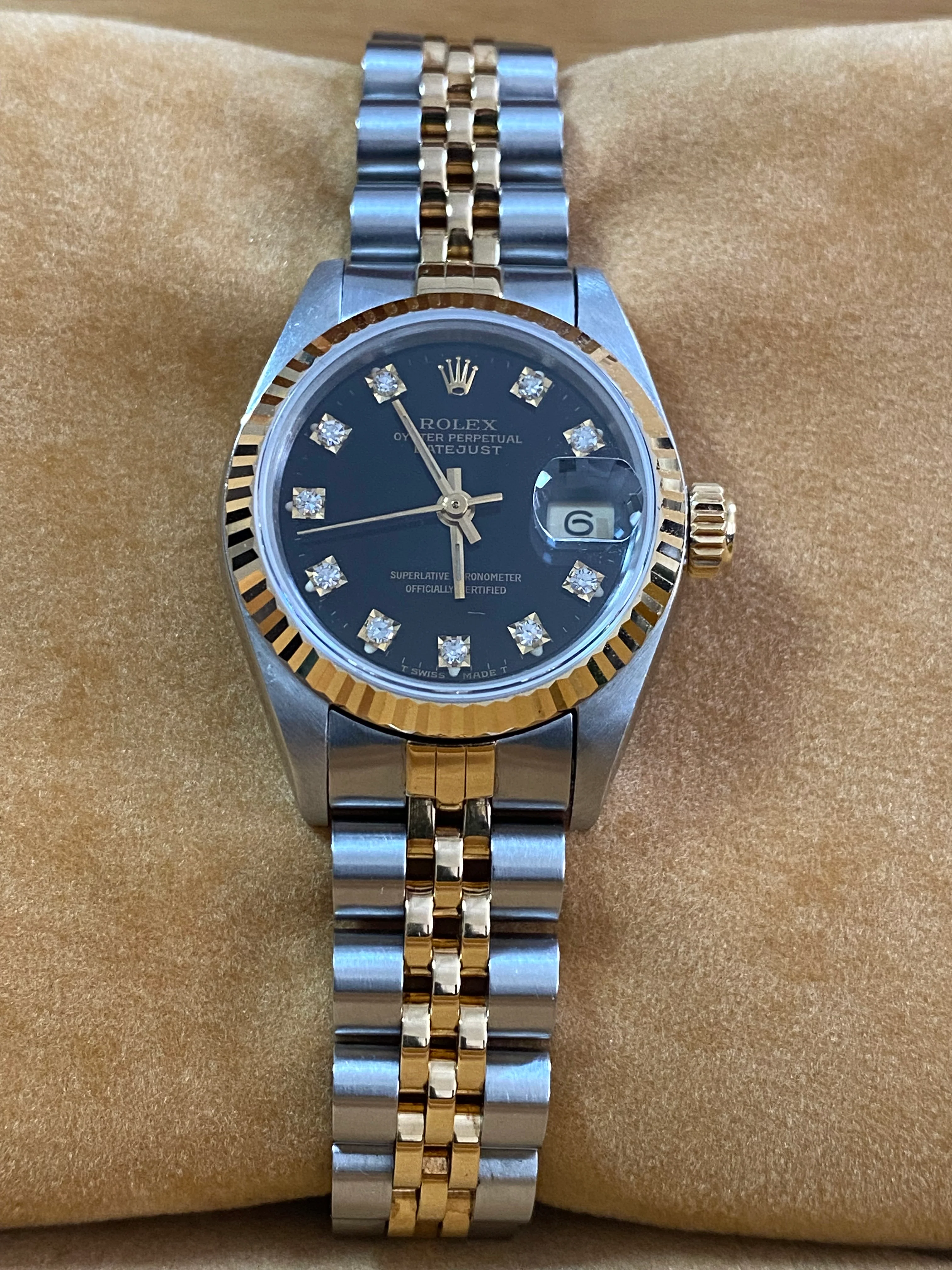 Rolex Steel and Yellow Gold Lady-Datejust - Fluted Bezel - Black Diamond Dial - Jubilee Bracelet - 69173