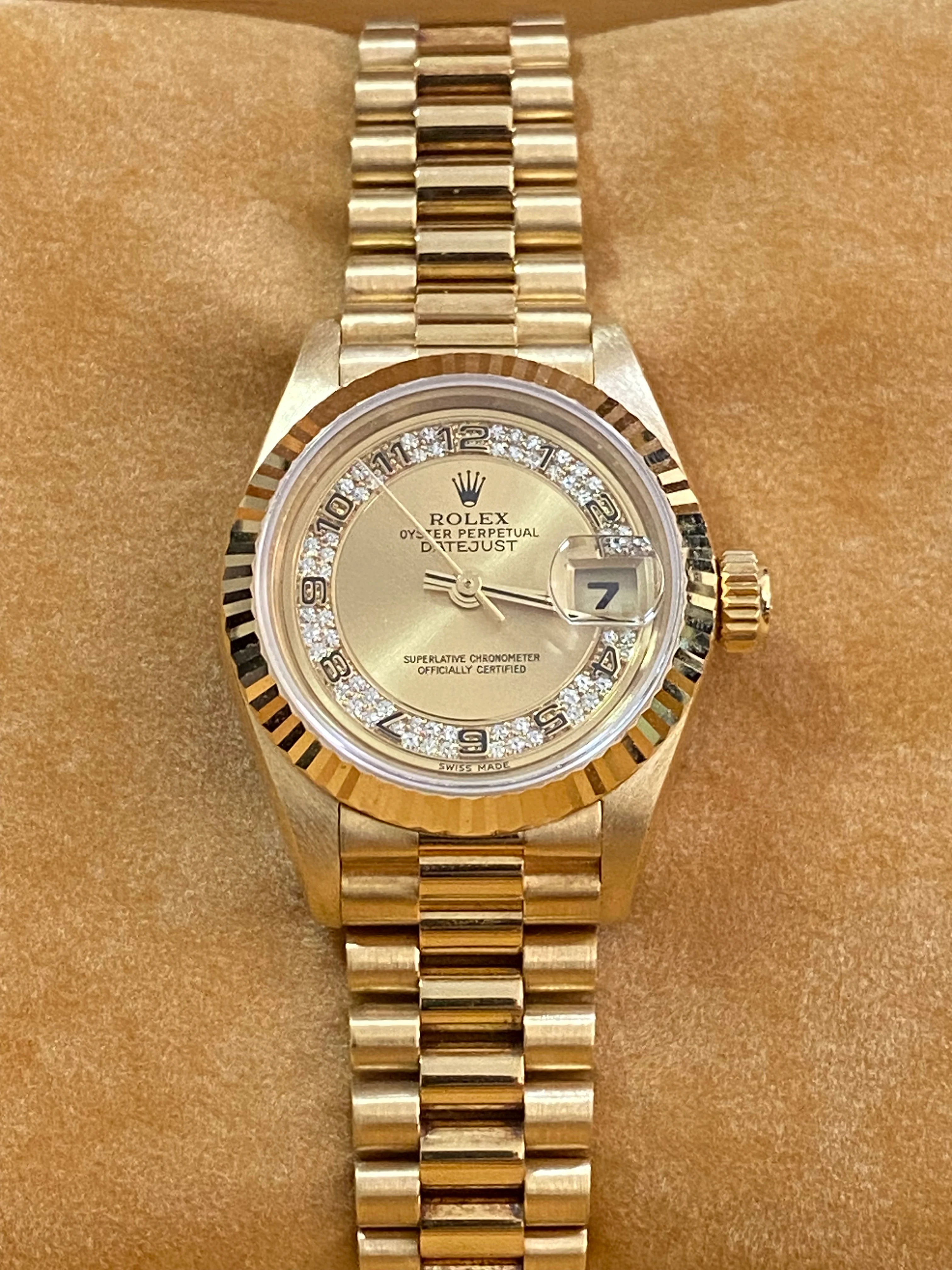 Rolex Yellow Gold Lady-Datejust 26 - W serial - Fluted Bezel - Myriad Diamond Dial - President Bracelet - 69178
