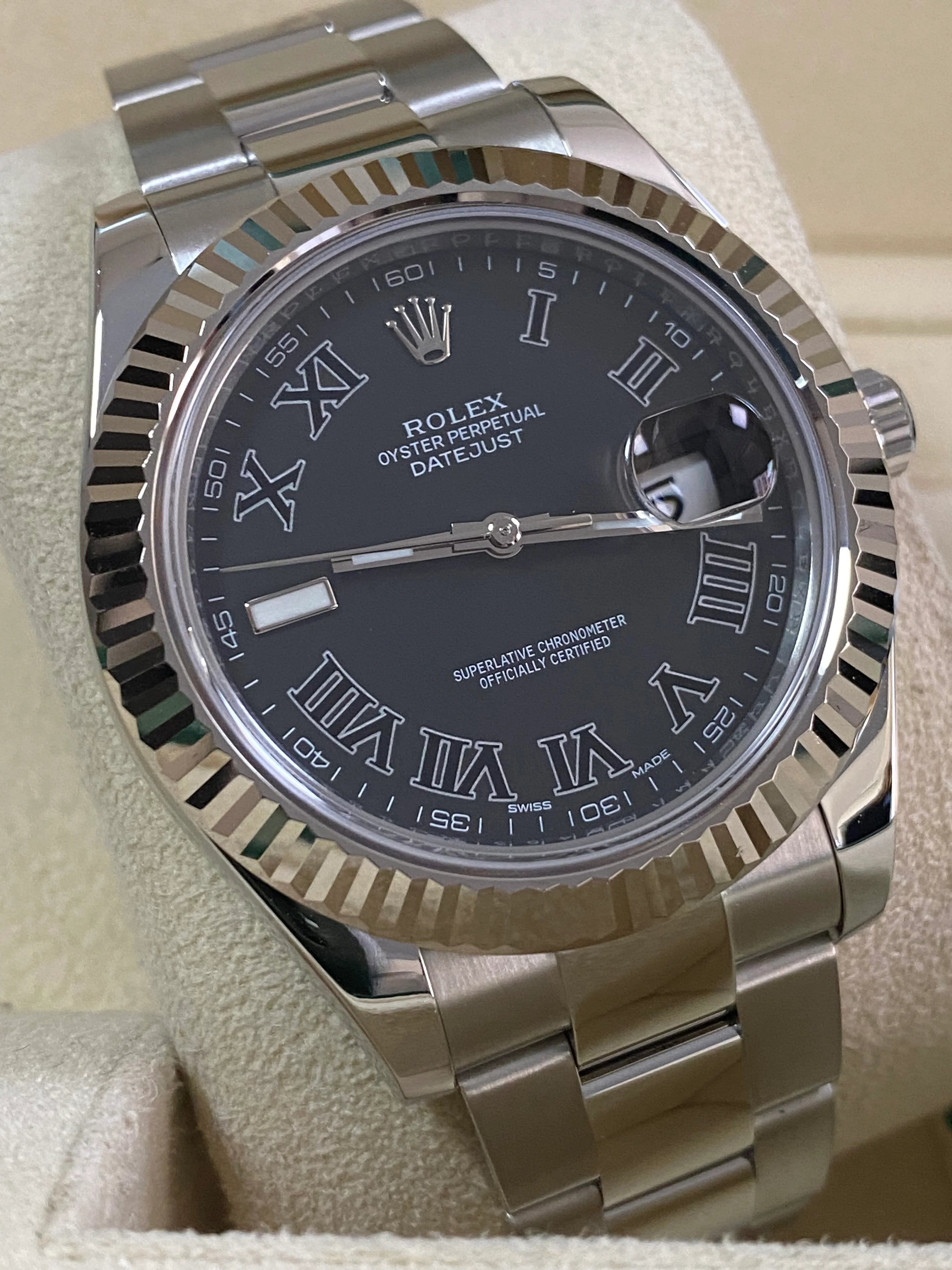 Rolex Steel Datejust II - 2017 - Fluted Bezel - Black Roman Dial - Oyster Bracelet - 116334 *FULL SET*