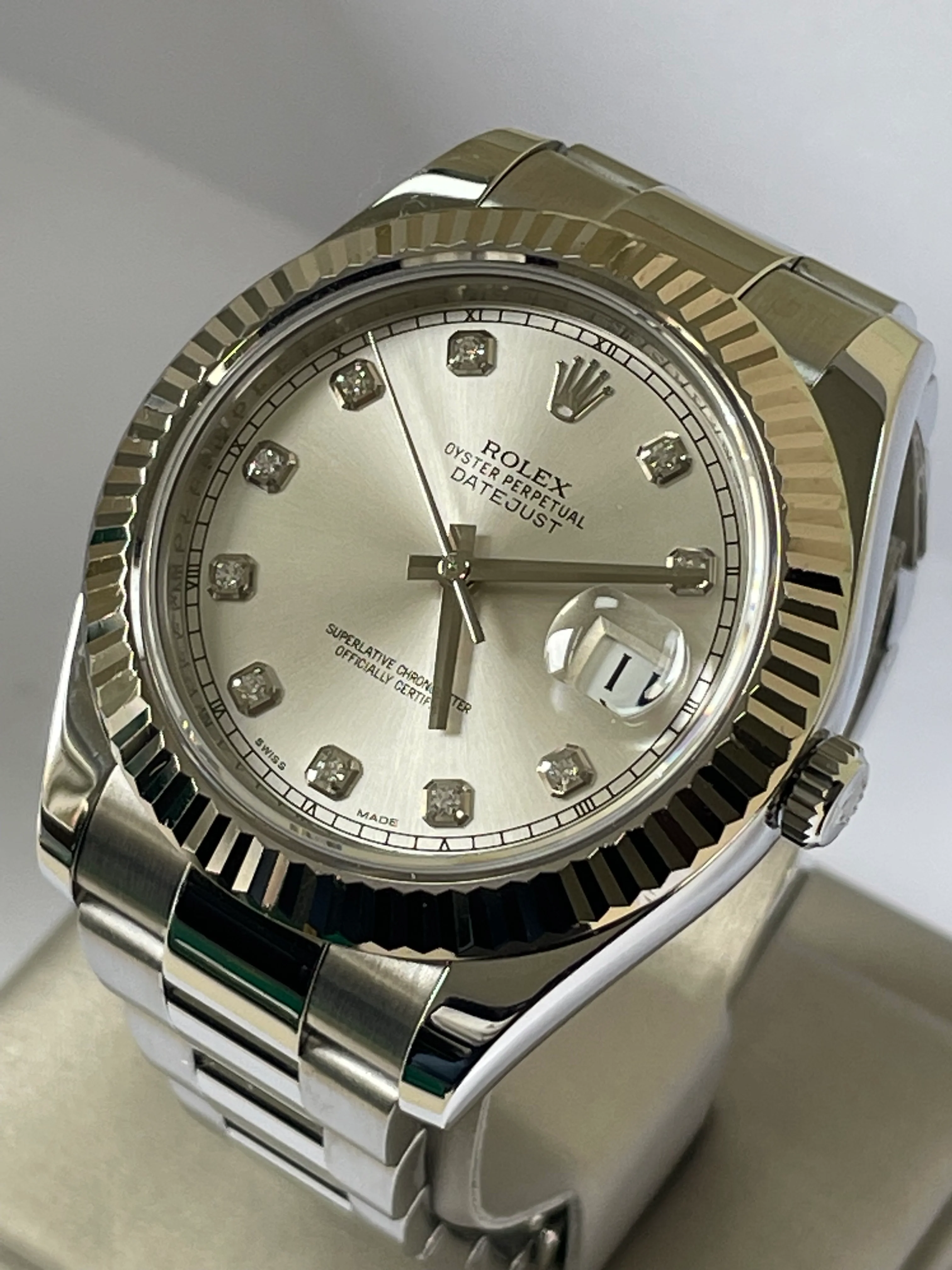 Rolex Steel Datejust II - 2010 - Fluted Bezel - Silver Diamond Dial - Oyster Bracelet - 116334