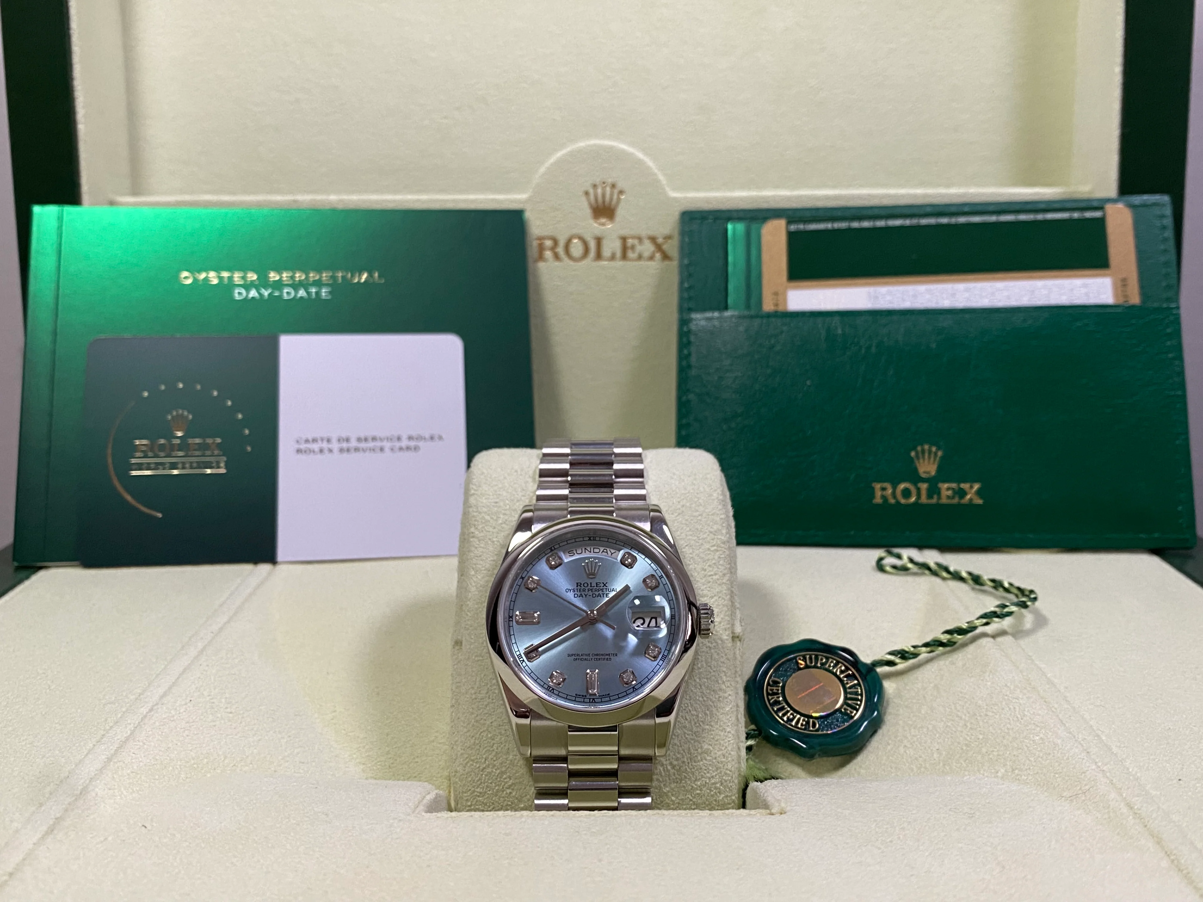 Rolex Platinum Day-Date 36 - M Serial - Domed Bezel - Ice Blue Diamond Dial - President Bracelet - 118206