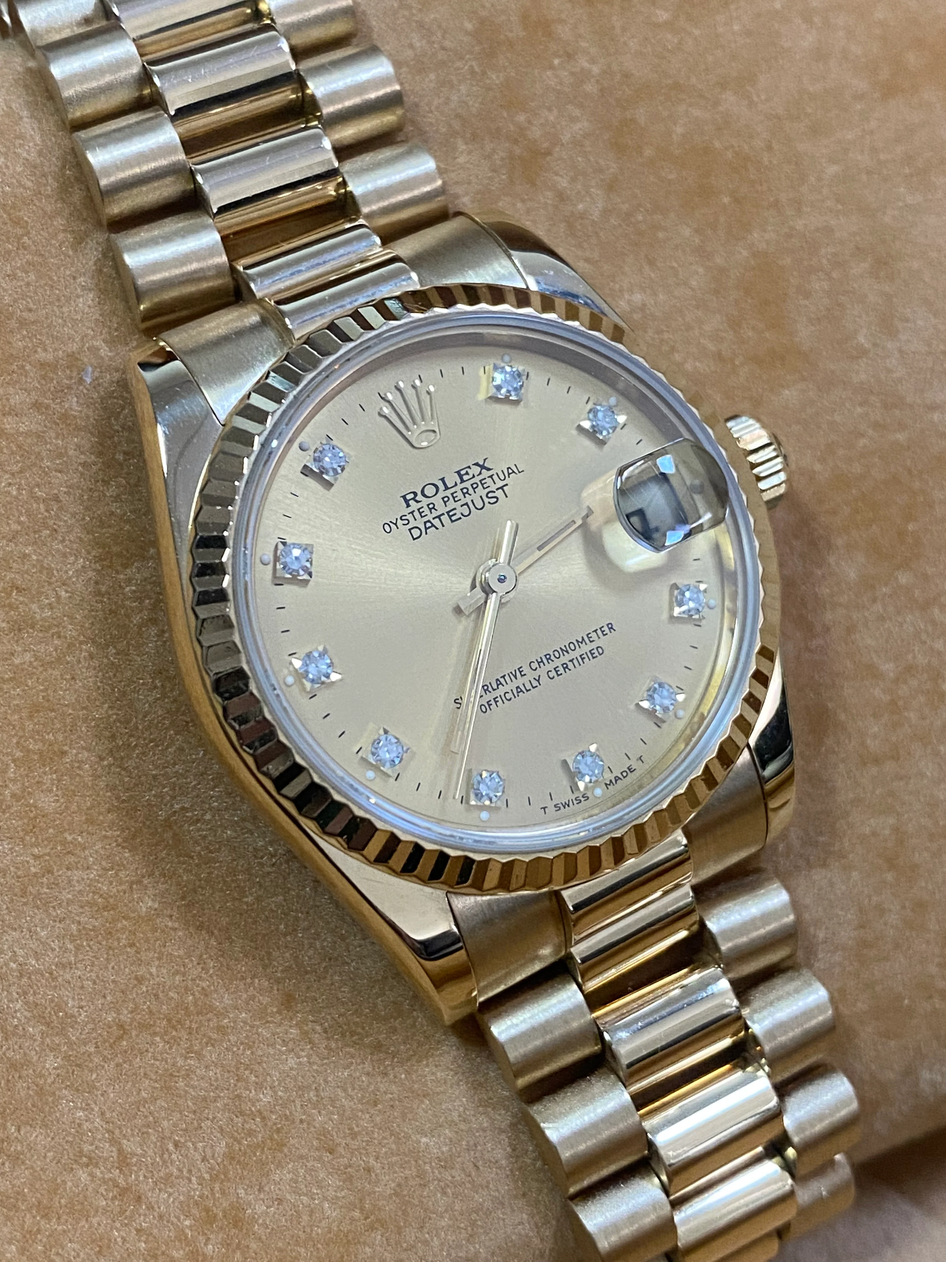 Rolex Yellow Gold Datejust 31 - N Serial - Fluted Bezel - Factory Diamond Dial - President Bracelet - 68278