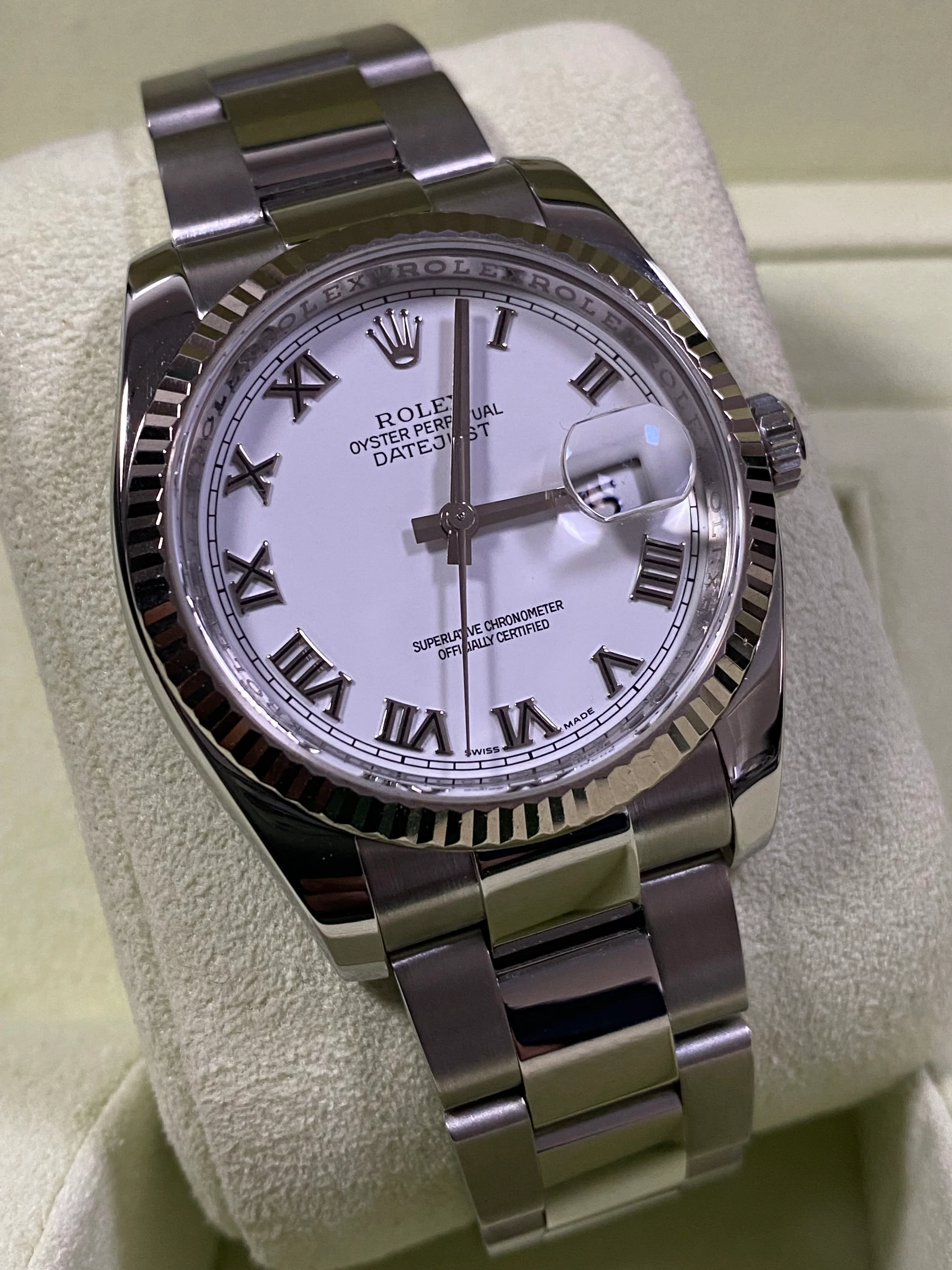 Rolex Steel Datejust 36 - Fluted Bezel - White Roman Dial - Oyster Bracelet - 116234