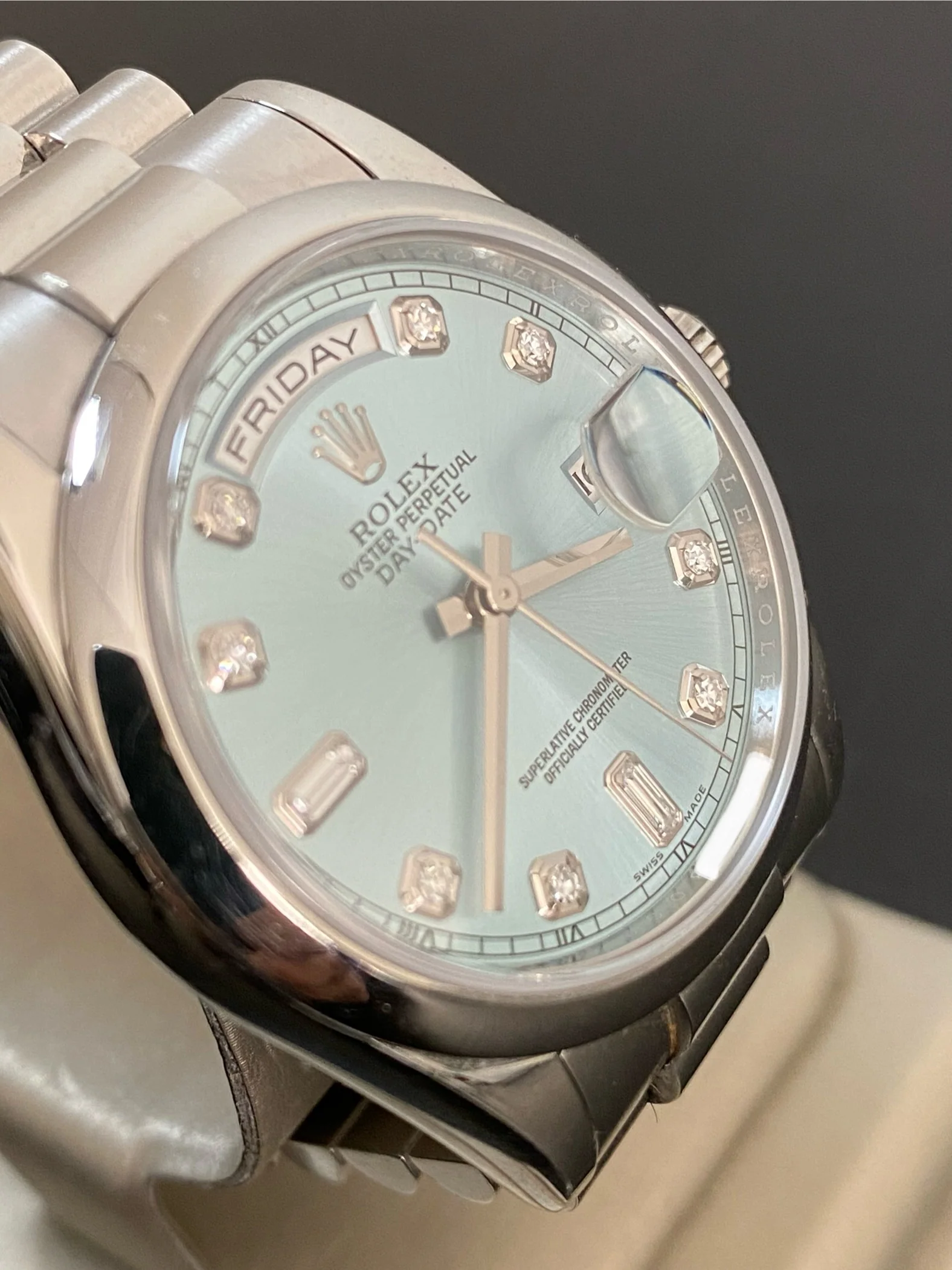 Rolex Platinum Day-Date 36 - 2014 - Domed Bezel - Ice Blue Diamond Dial - President Bracelet - 118206 *FULL SET*
