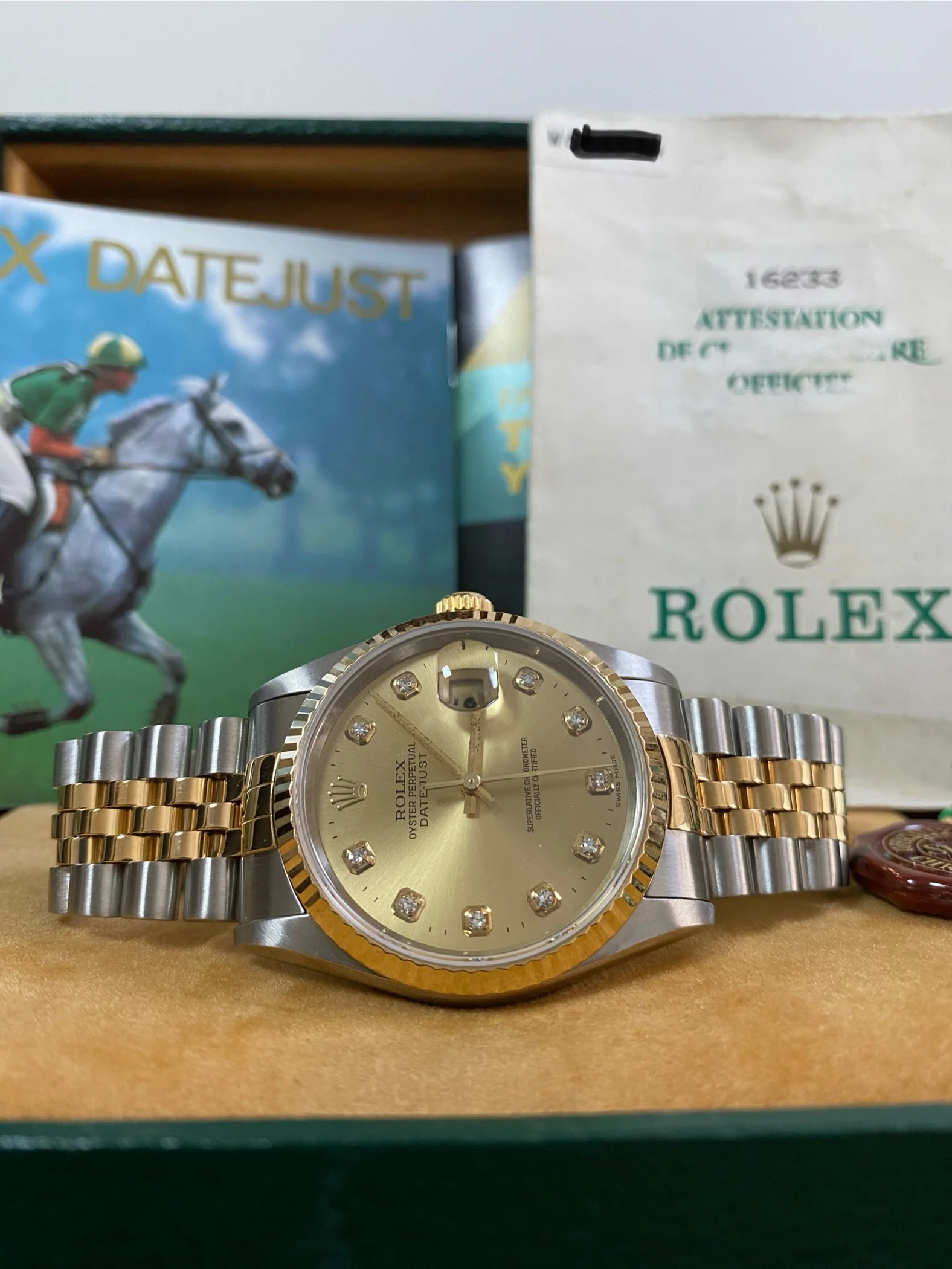 Rolex Steel and Yellow Gold Datejust 36 - W serial - Fluted Bezel - Factory Diamond Dial - Jubilee Bracelet - 16233 *COMPLETE SET*