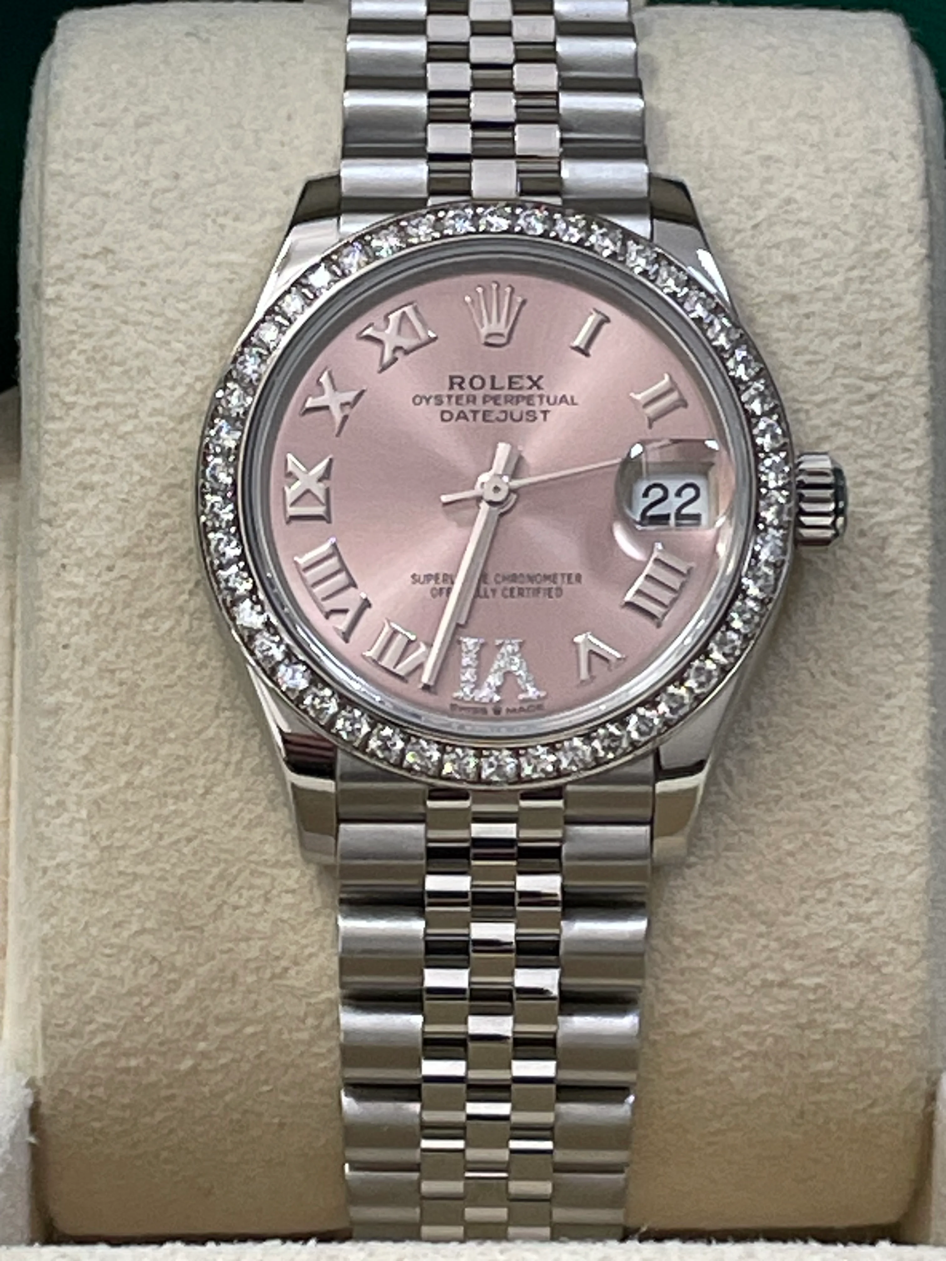 Rolex Steel and White Gold Datejust 31 - 2023 - Diamond Bezel - Pink Diamond Dial - Jubilee Bracelet - 278384RBR
