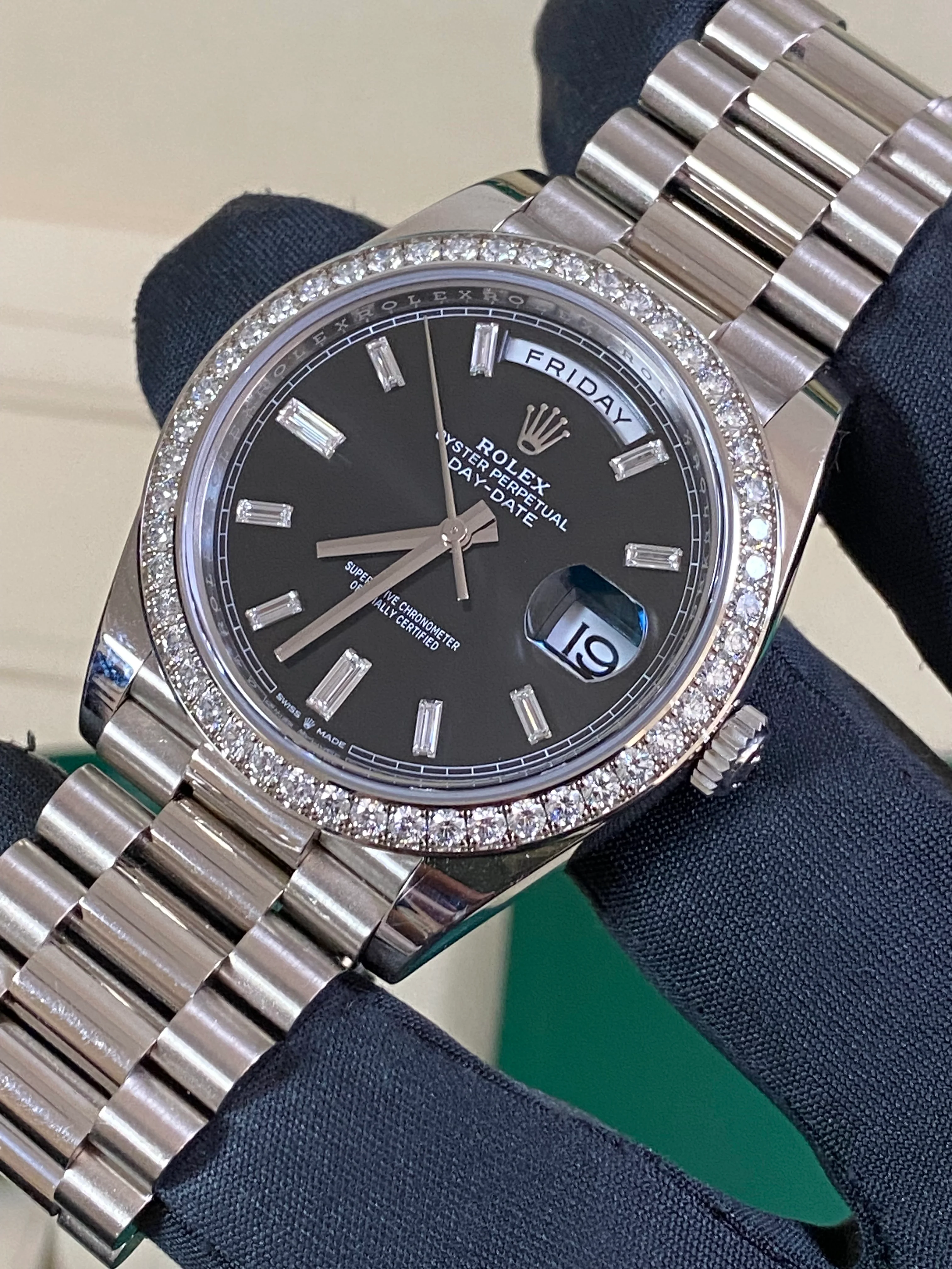 Rolex White Gold Day-Date 40 - 2023 - Diamond-Set Bezel - Black Baguette Dial - President Bracelet - 228349RBR