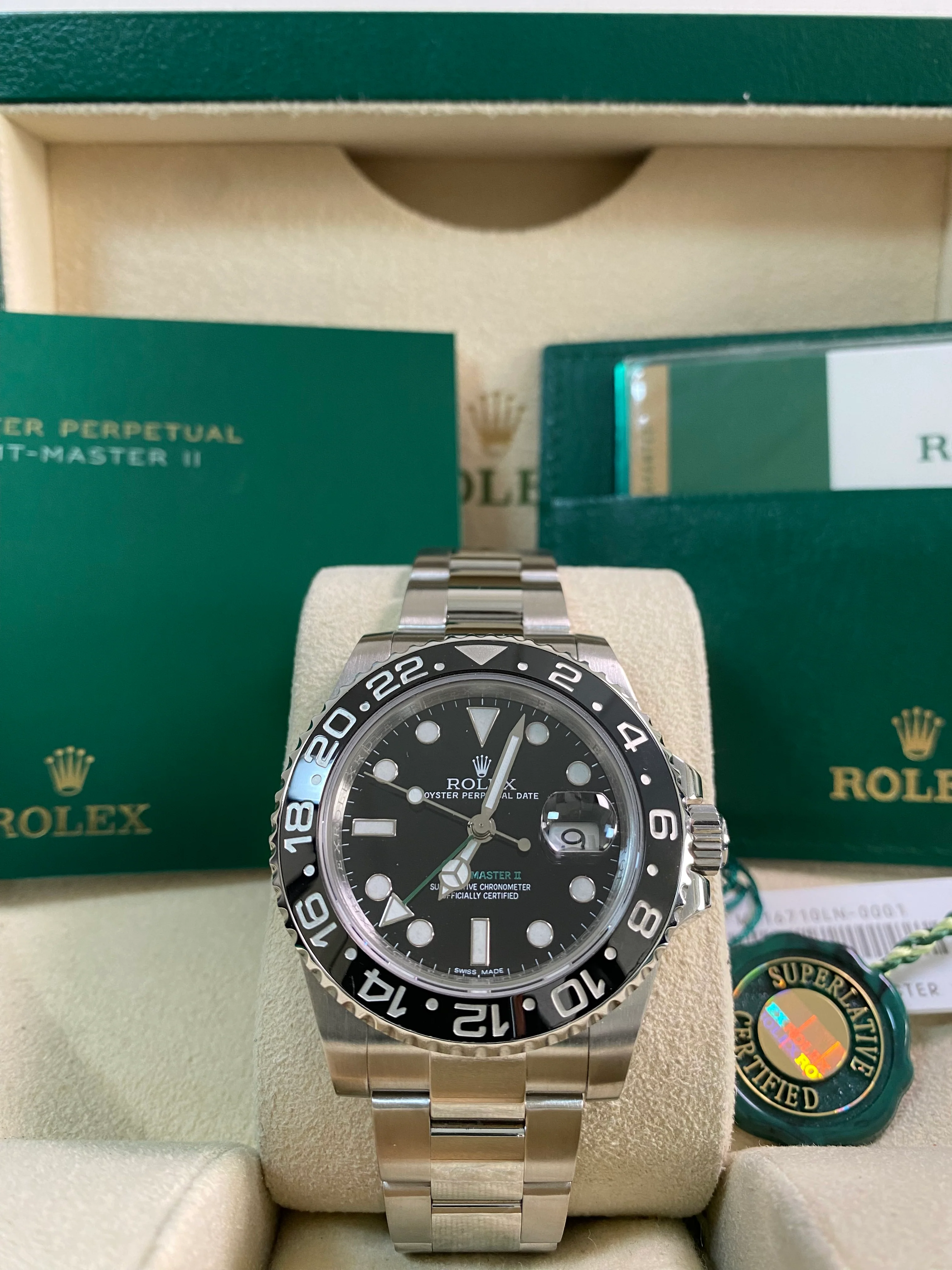 Rolex Steel GMT-Master II - 2017 - Black Bezel - Black Dial Green Arrow Hand- Oyster Bracelet - 116710LN *FULL SET*
