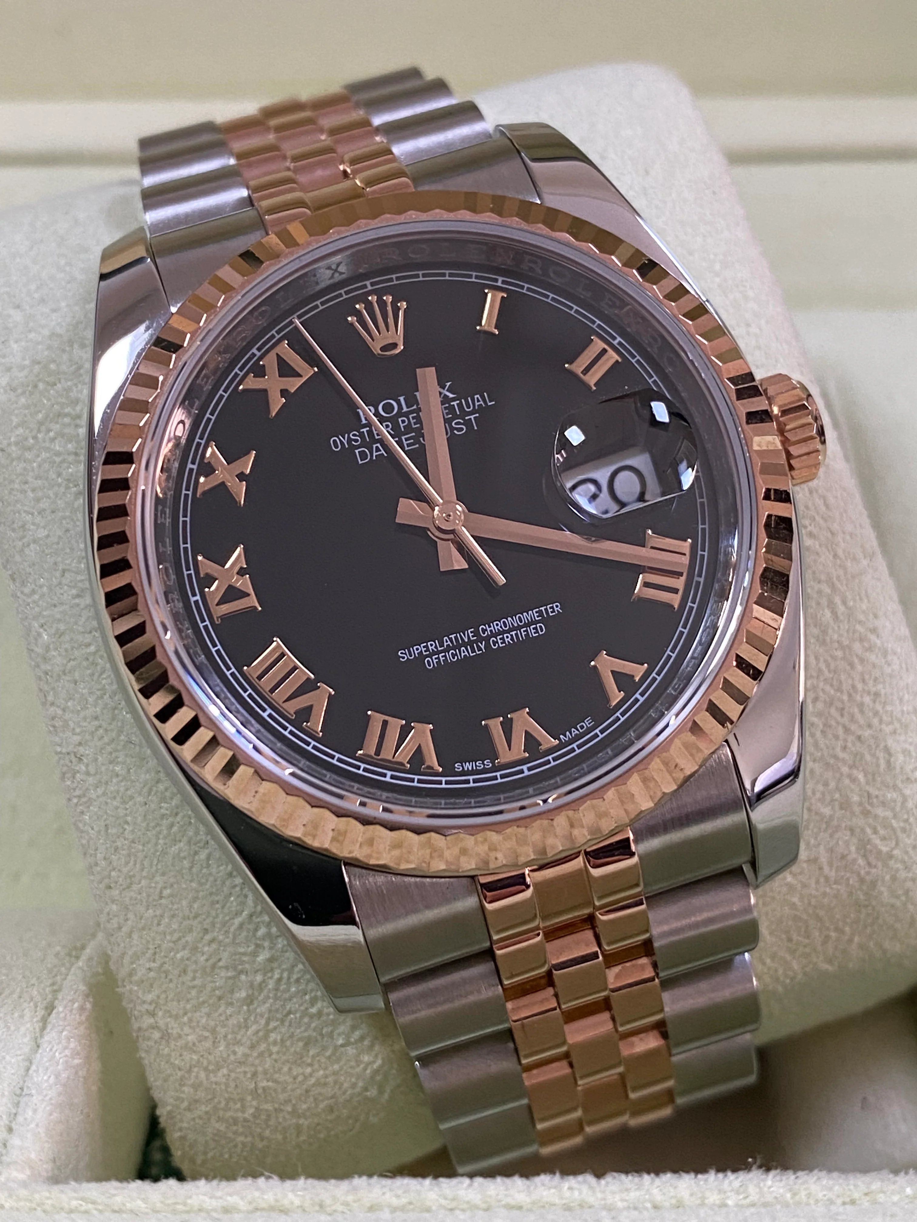 Rolex Steel and Everose Gold Datejust 36 - Fluted Bezel - Black Roman Dial - Jubilee Bracelet - 116231