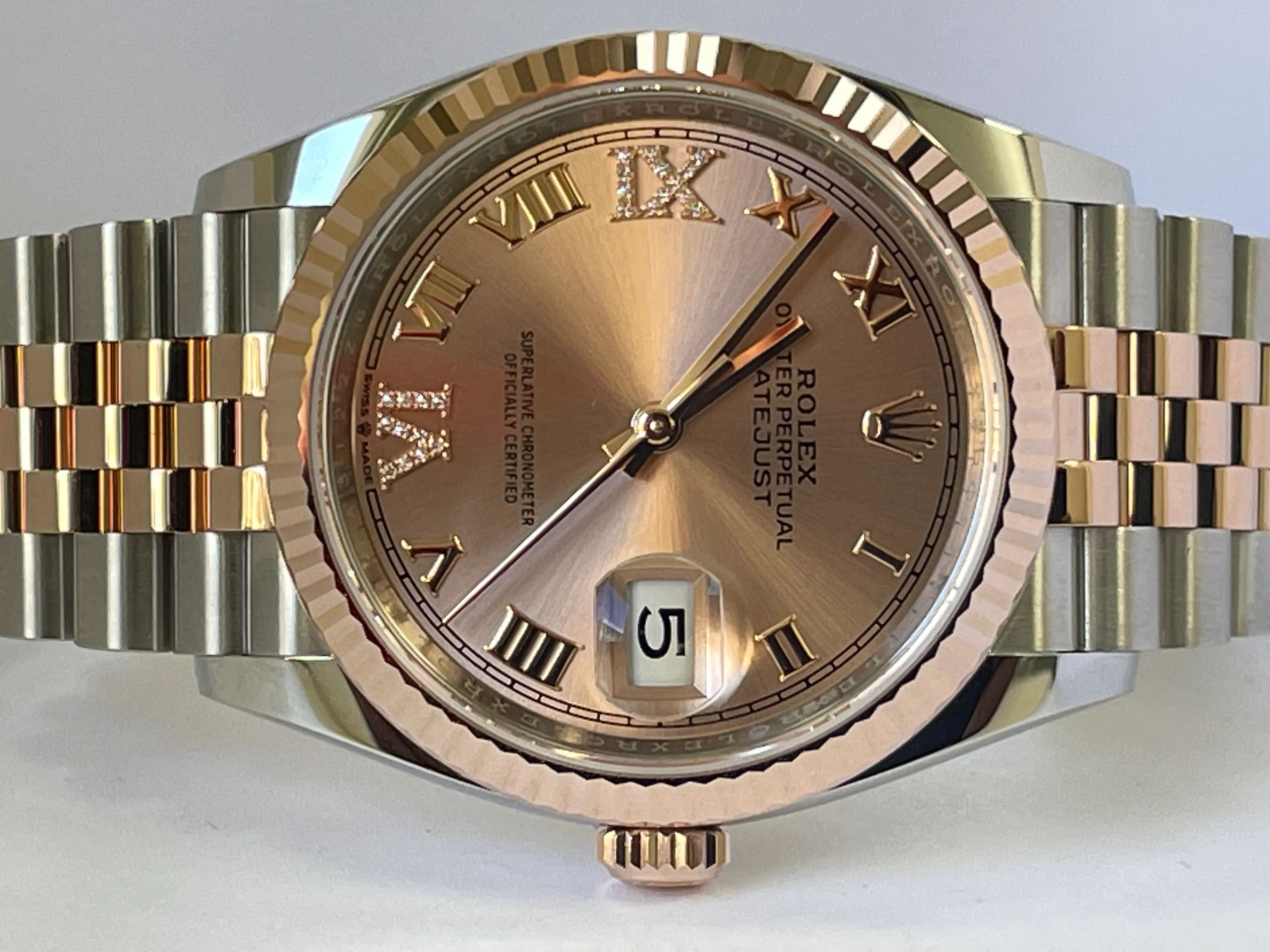 Rolex Steel and Everose Gold Datejust 36 - 2022 - Fluted Bezel - Rose Colour Diamond Set Dial - Jubilee Bracelet - 126231