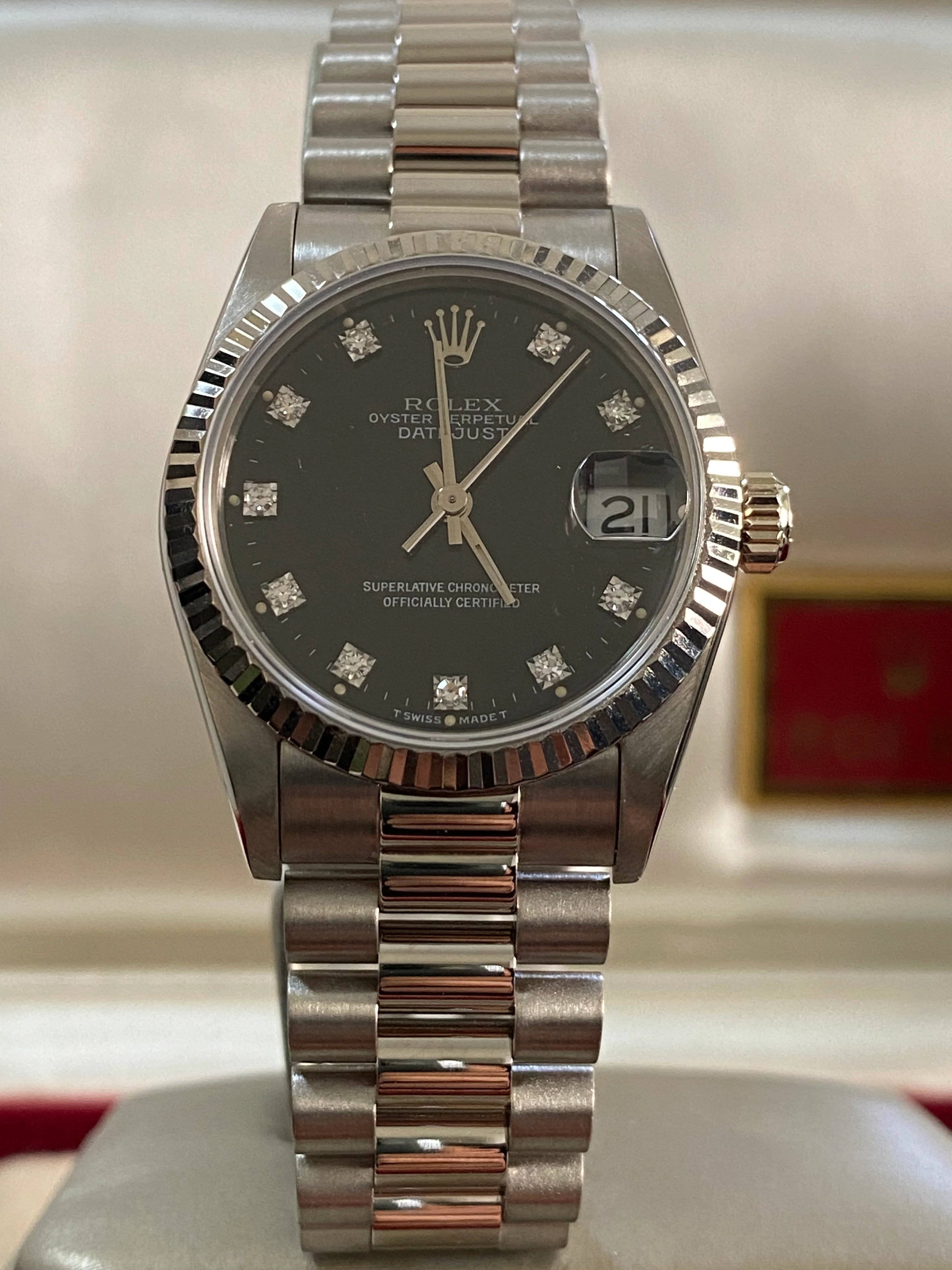 Rolex White Gold Datejust 31 - L Serial - Fluted Bezel - Black Diamond Dial - President Bracelet - 68279