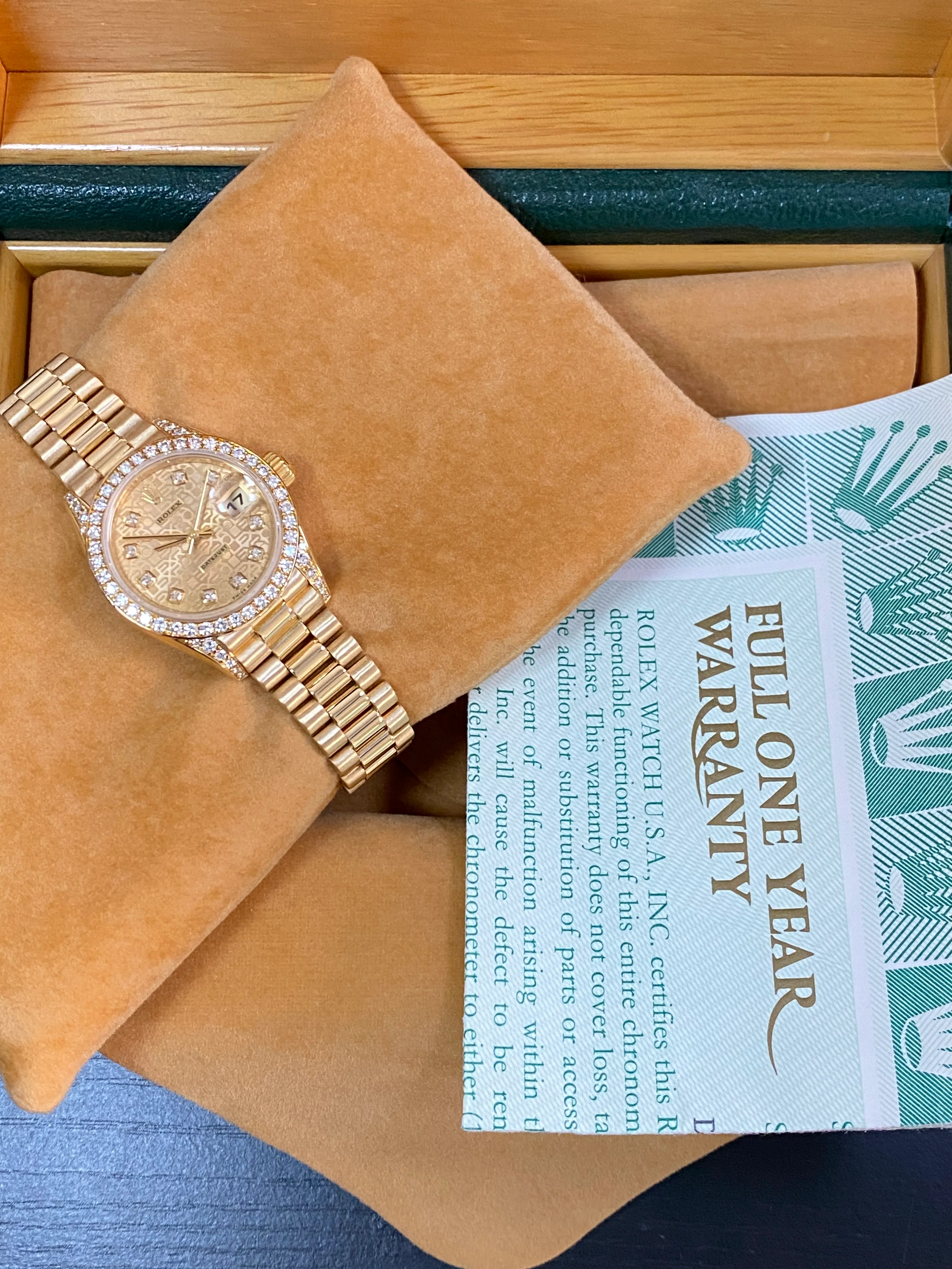 Rolex Yellow Gold Lady-Datejust - 1995 - Factory Diamond Dial, Bezel and Lugs - President Bracelet - 69158 