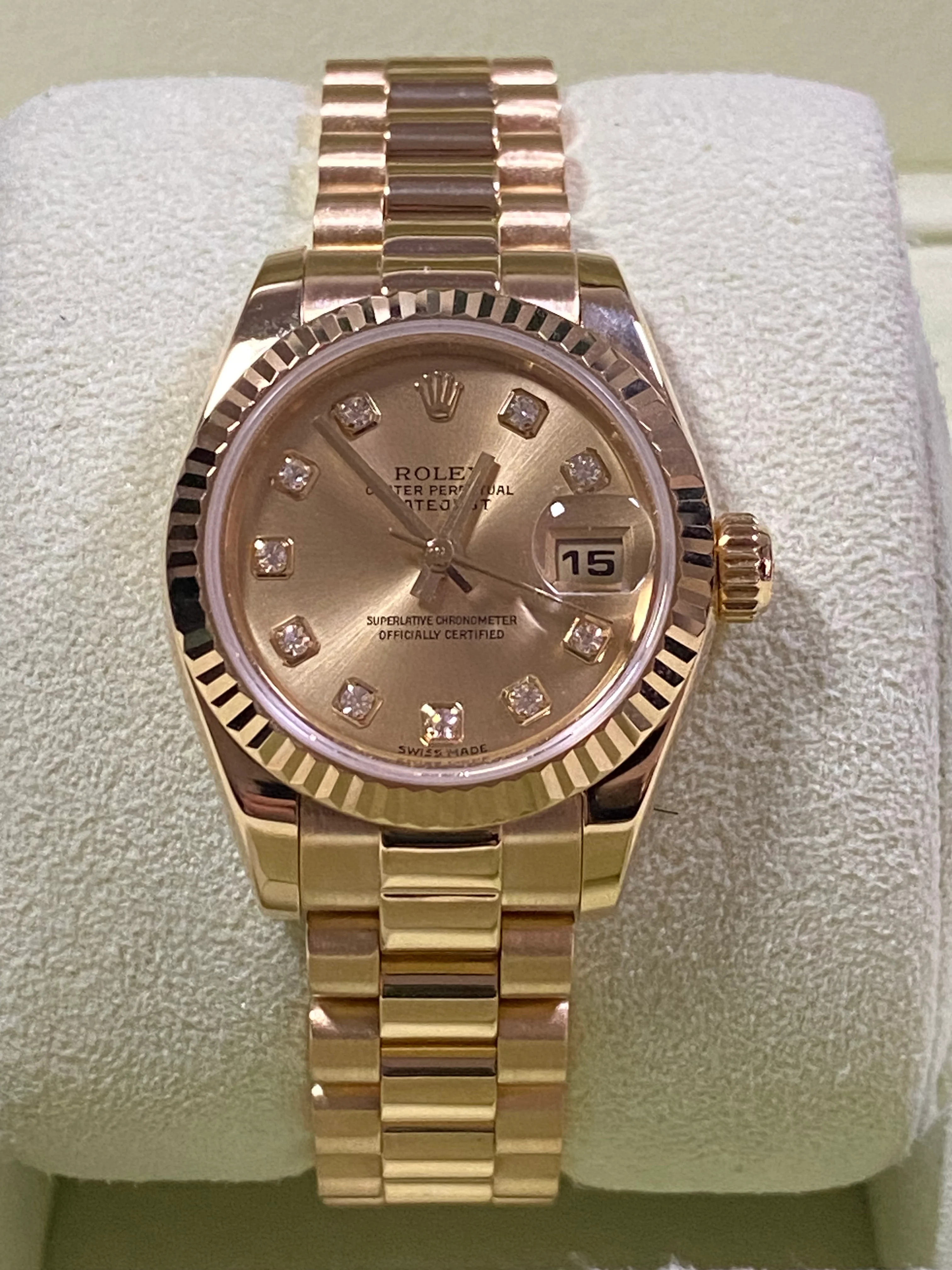 Rolex Yellow Gold Lady-Datejust - D Serial - Fluted Bezel - Factory Diamond Dial - President Bracelet - 179178