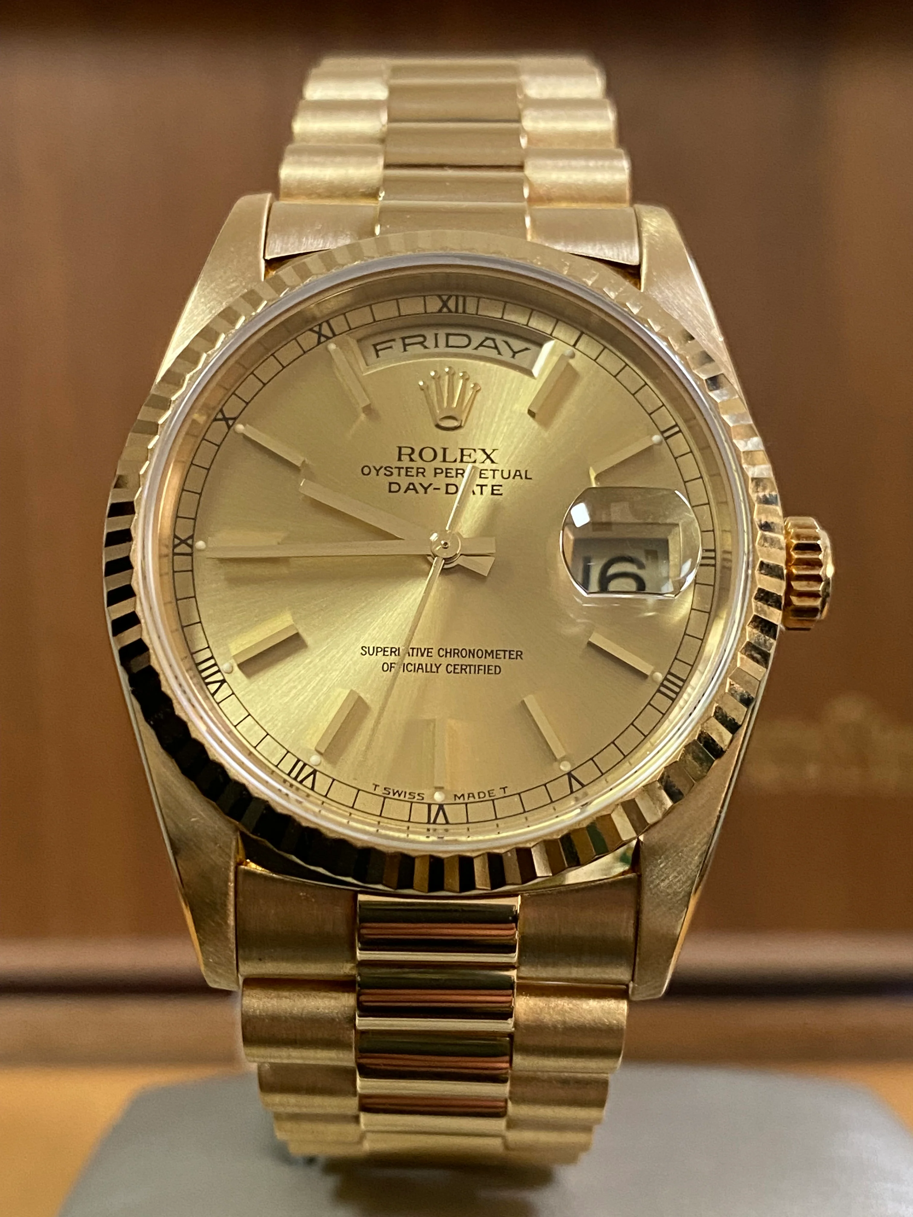 Rolex Yellow Gold Day-Date 36 - T serial - Fluted Bezel - Champagne Index Dial - Double Quickset - President Bracelet - 18238