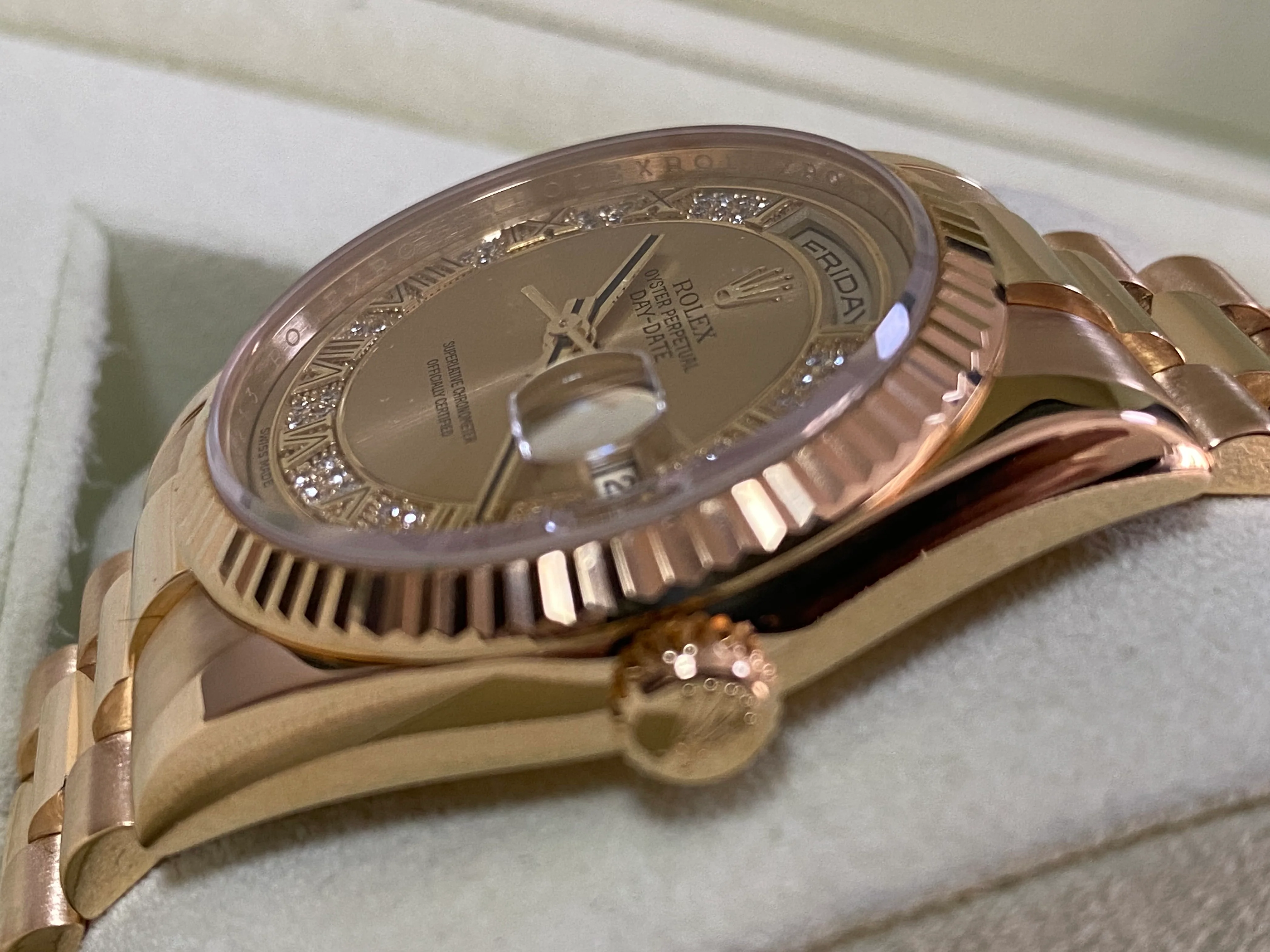 Rolex Yellow Gold Day-Date 36 - G serial - Fluted Bezel - Factory Myriad Diamond Dial - President Bracelet - 118238 *FULL SET*
