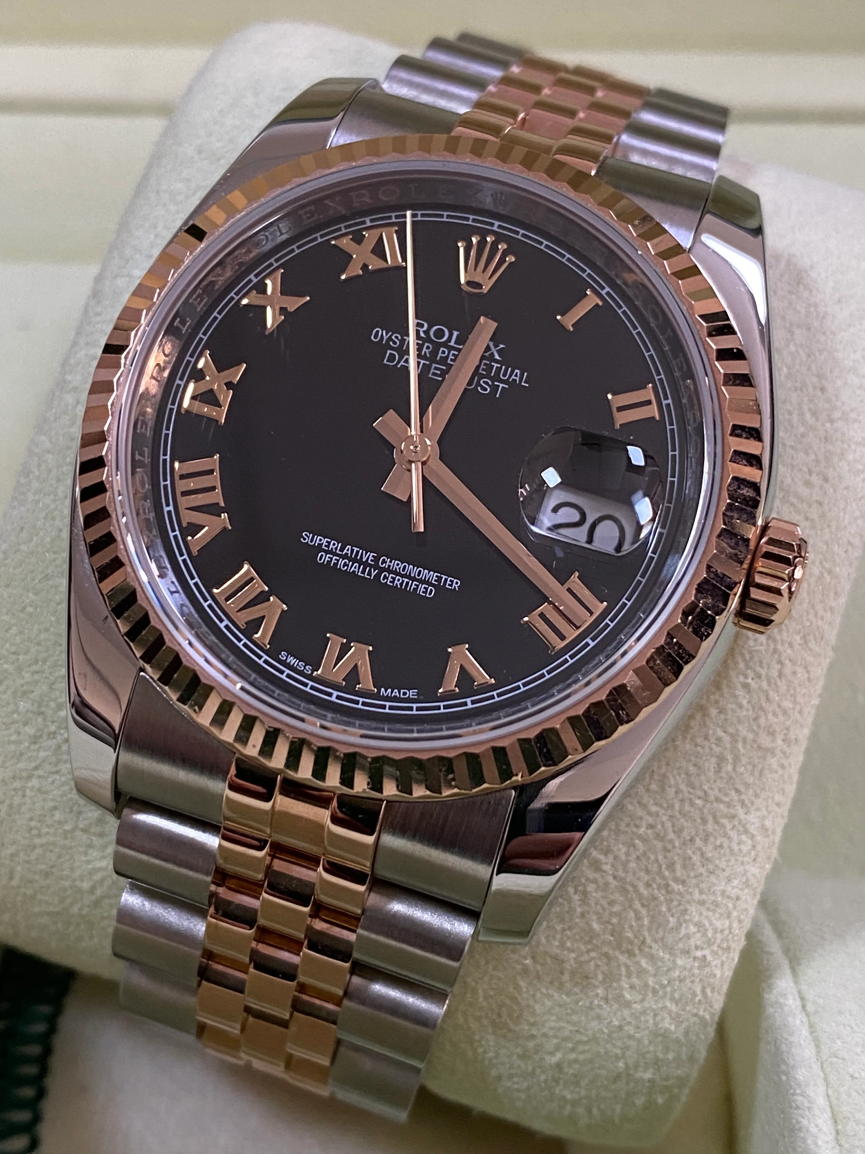 Rolex Steel and Everose Gold Datejust 36 - Fluted Bezel - Black Roman Dial - Jubilee Bracelet - 116231