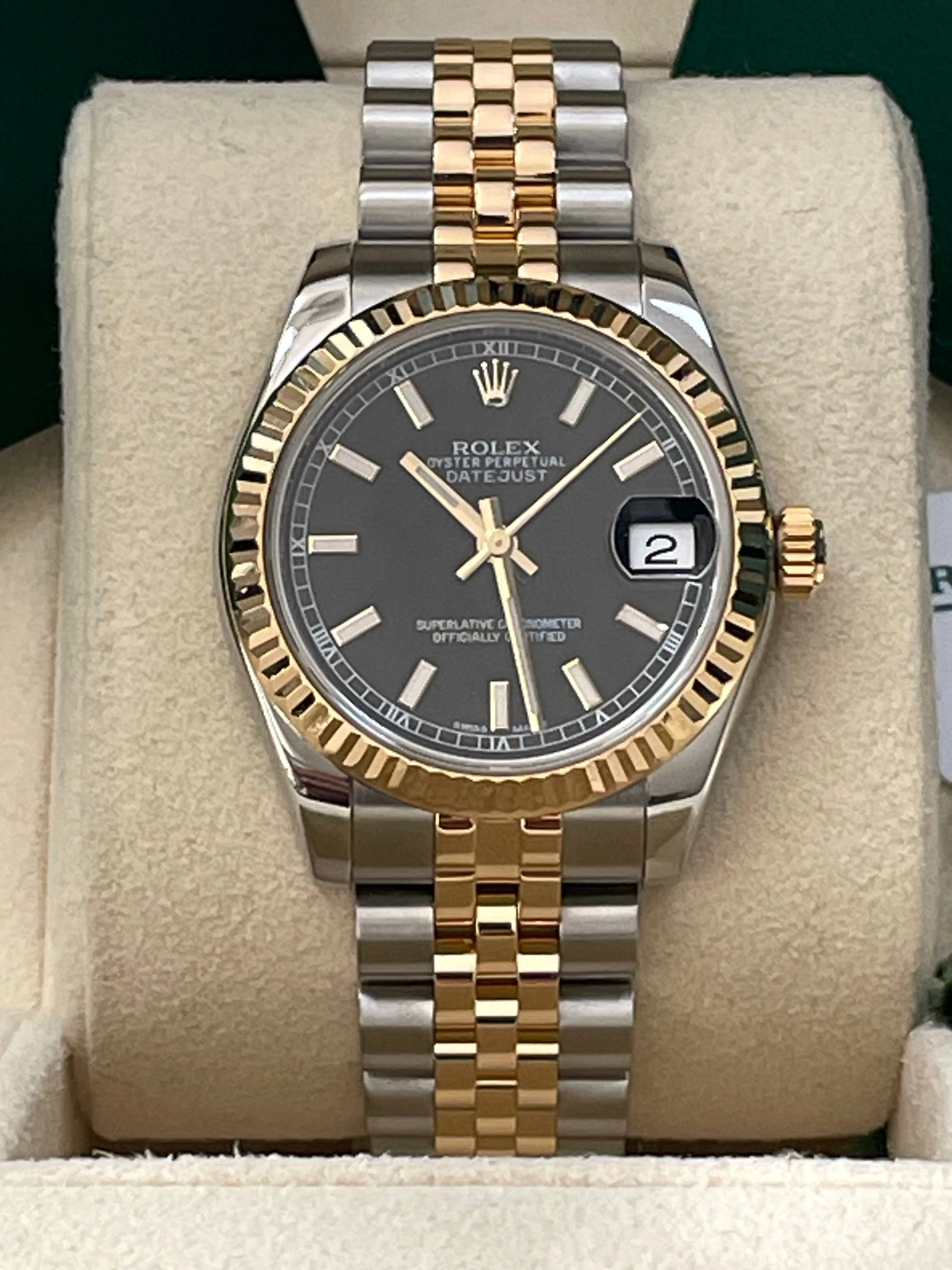 Rolex Steel and Yellow Gold Datejust 31 - 2016 - Fluted Bezel - Black Index Dial - Jubilee Bracelet - 178273 COMPLETE SET