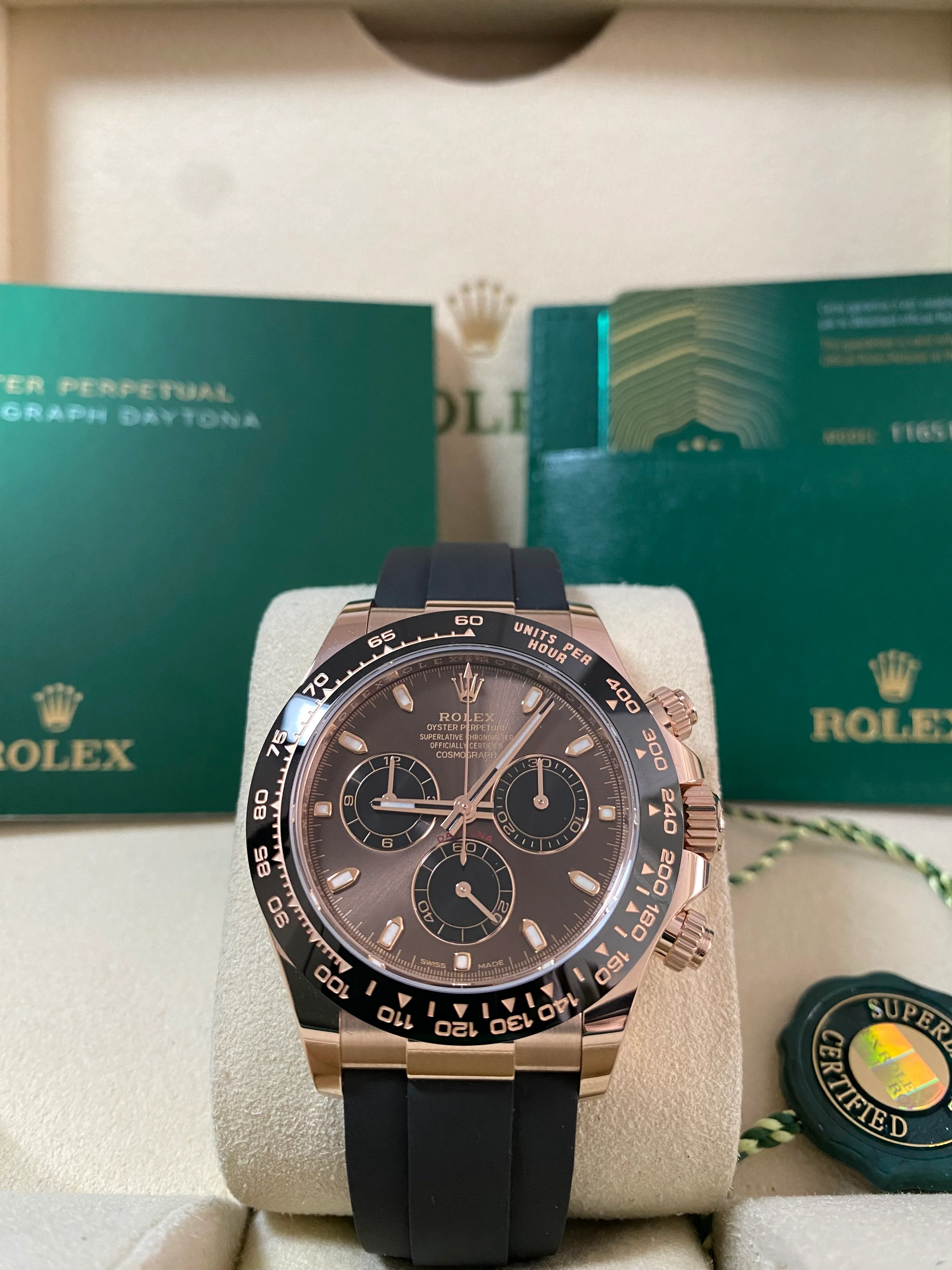 Rolex Everose Gold Cosmograph Daytona - 2023 - Chocolate Index Dial - Black Oysterflex Strap - 116515LN *FULL SET*