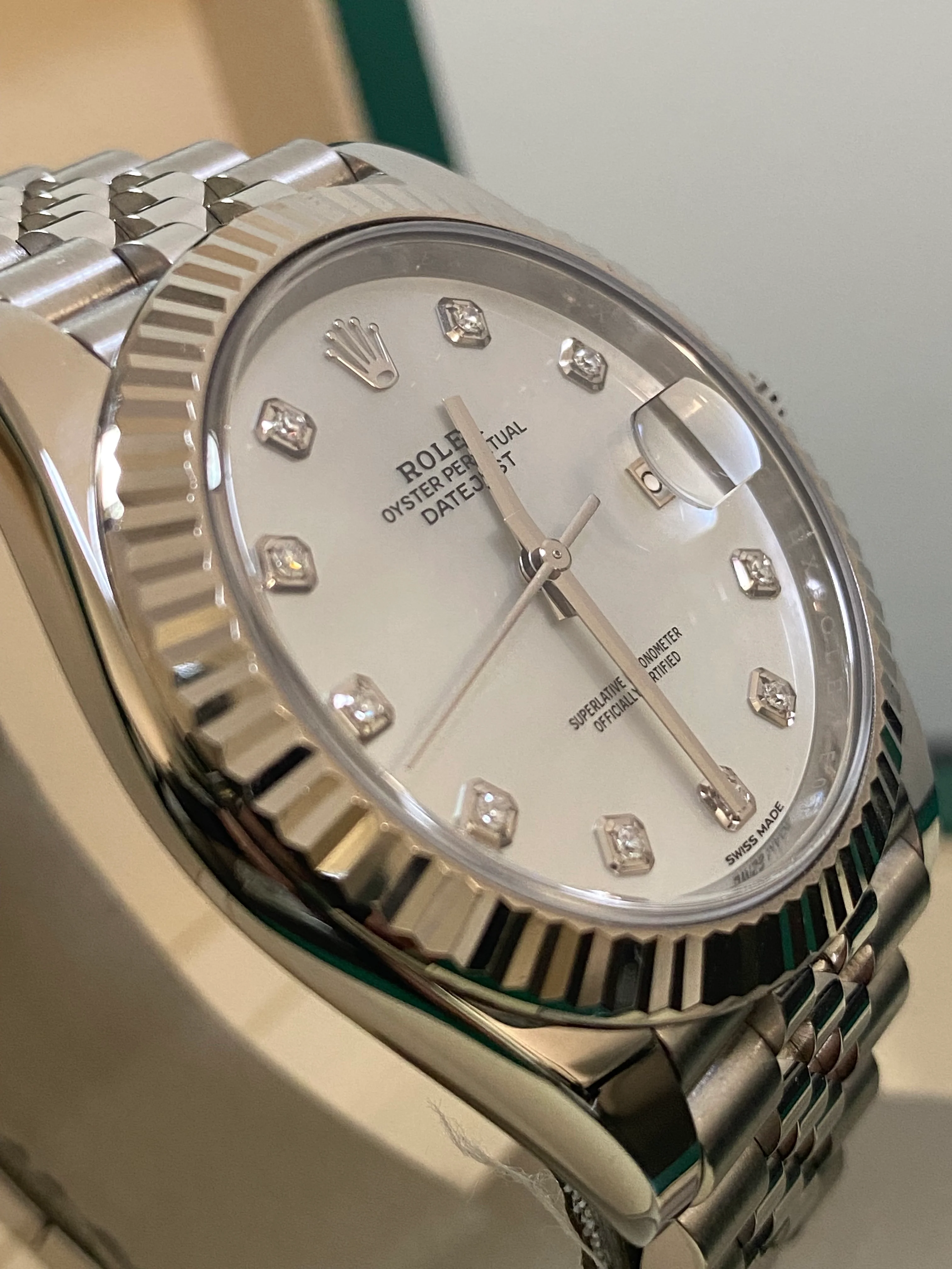 Rolex Steel and White Gold Rolesor Datejust 41 - 2018 - Fluted Bezel - White Mother-Of-Pearl Diamond Dial - Jubilee Bracelet - 126334