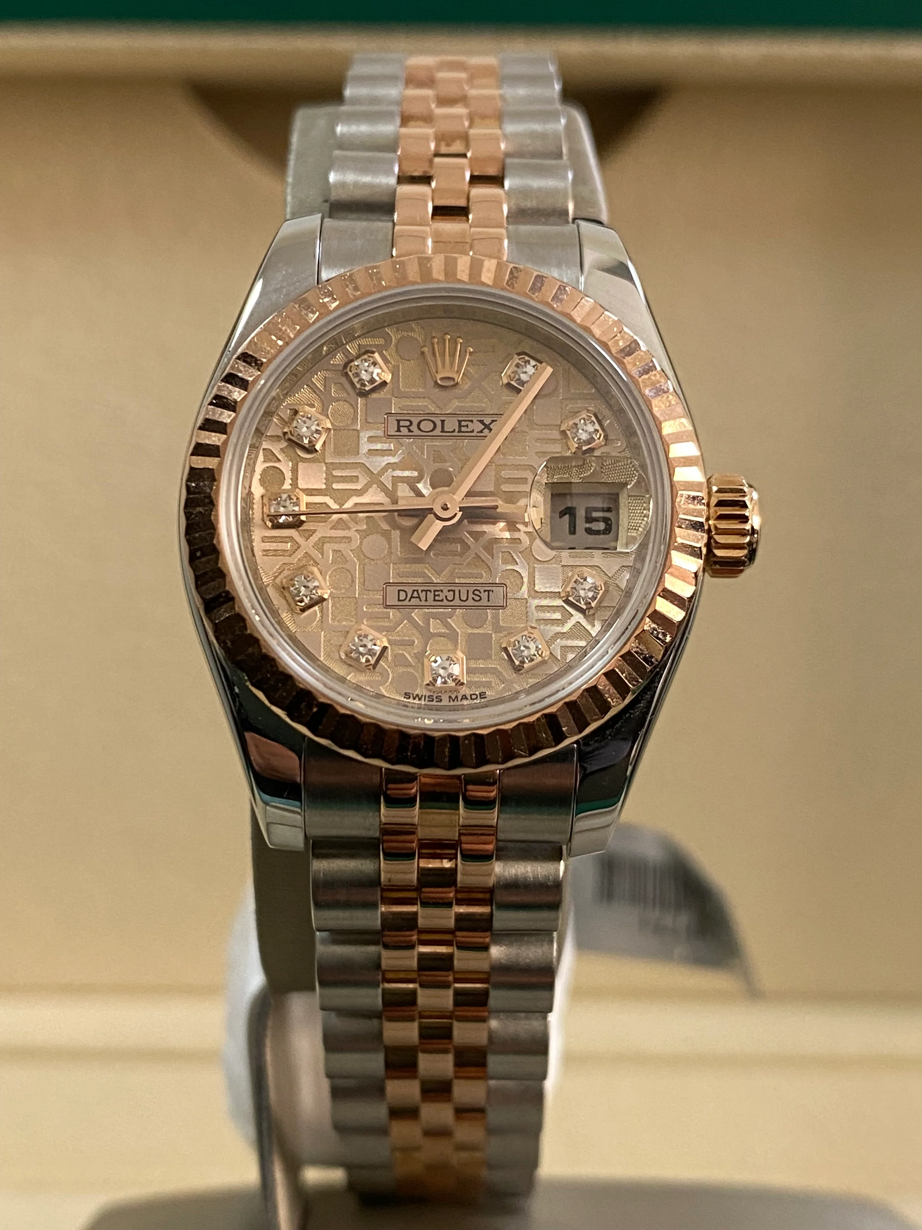 Rolex Everose Gold and Steel Lady-Datejust 26 - M serial - Fluted Bezel - Factory Diamond Dial - Jubilee Bracelet - 179171