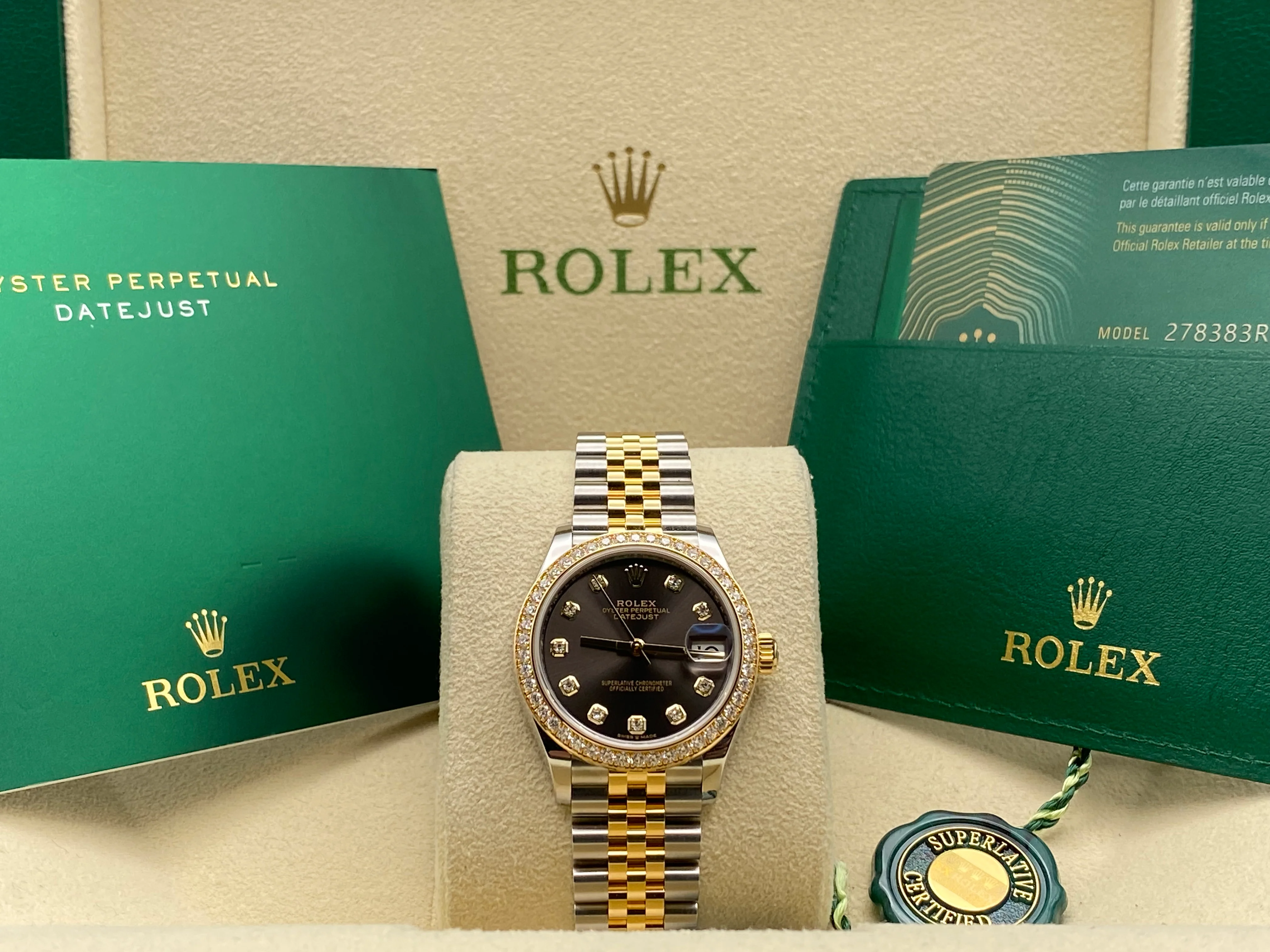 Rolex Steel and Yellow Gold Datejust 31 - 2023 - Diamond Bezel - Dark Grey Diamond Dial - Jubilee Bracelet - 278383RBR